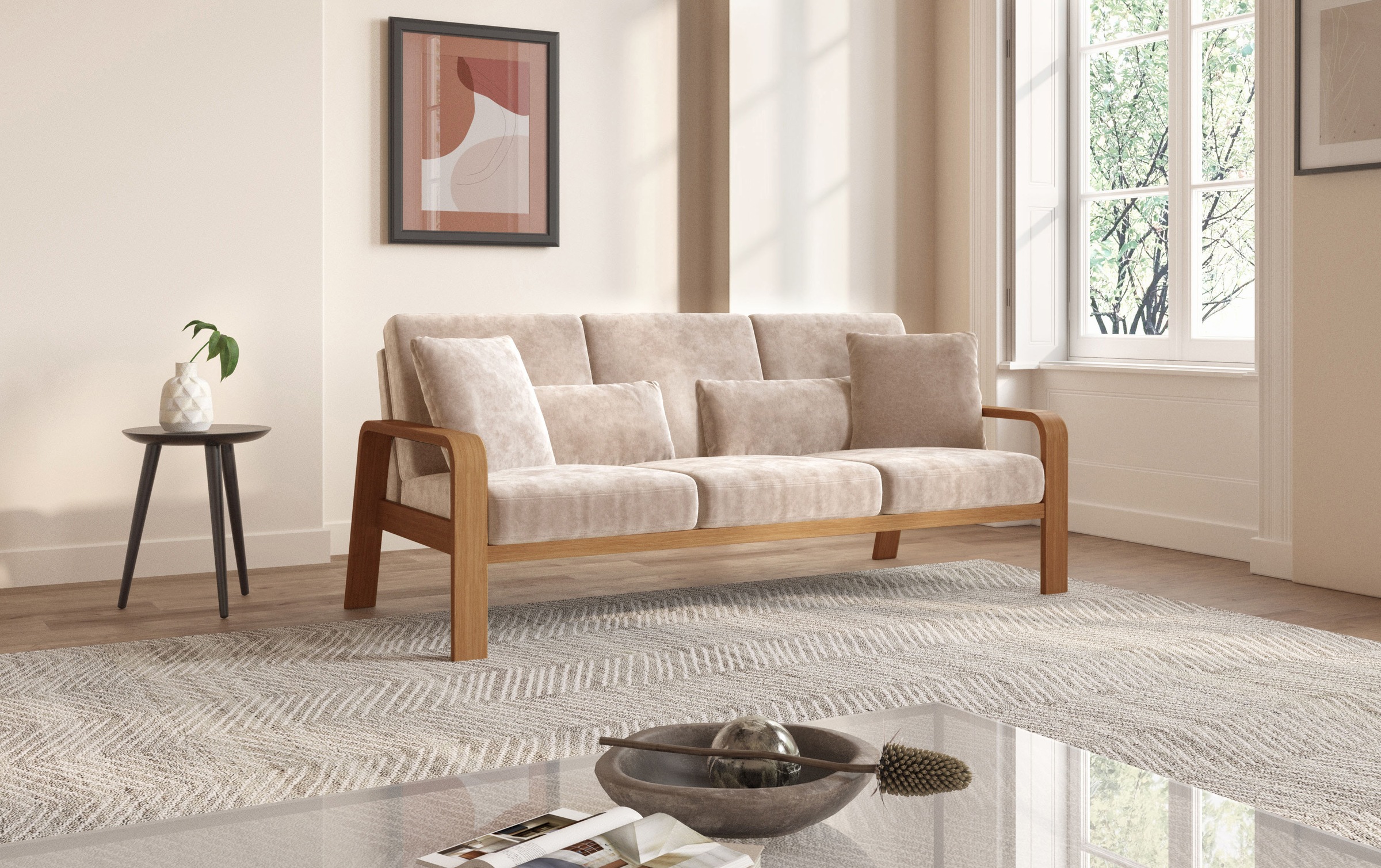 sit&more 3-Sitzer »Kolding«, Armlehnen aus eichefarbigem Buchenholz, verschiedene Bezüge und Farben