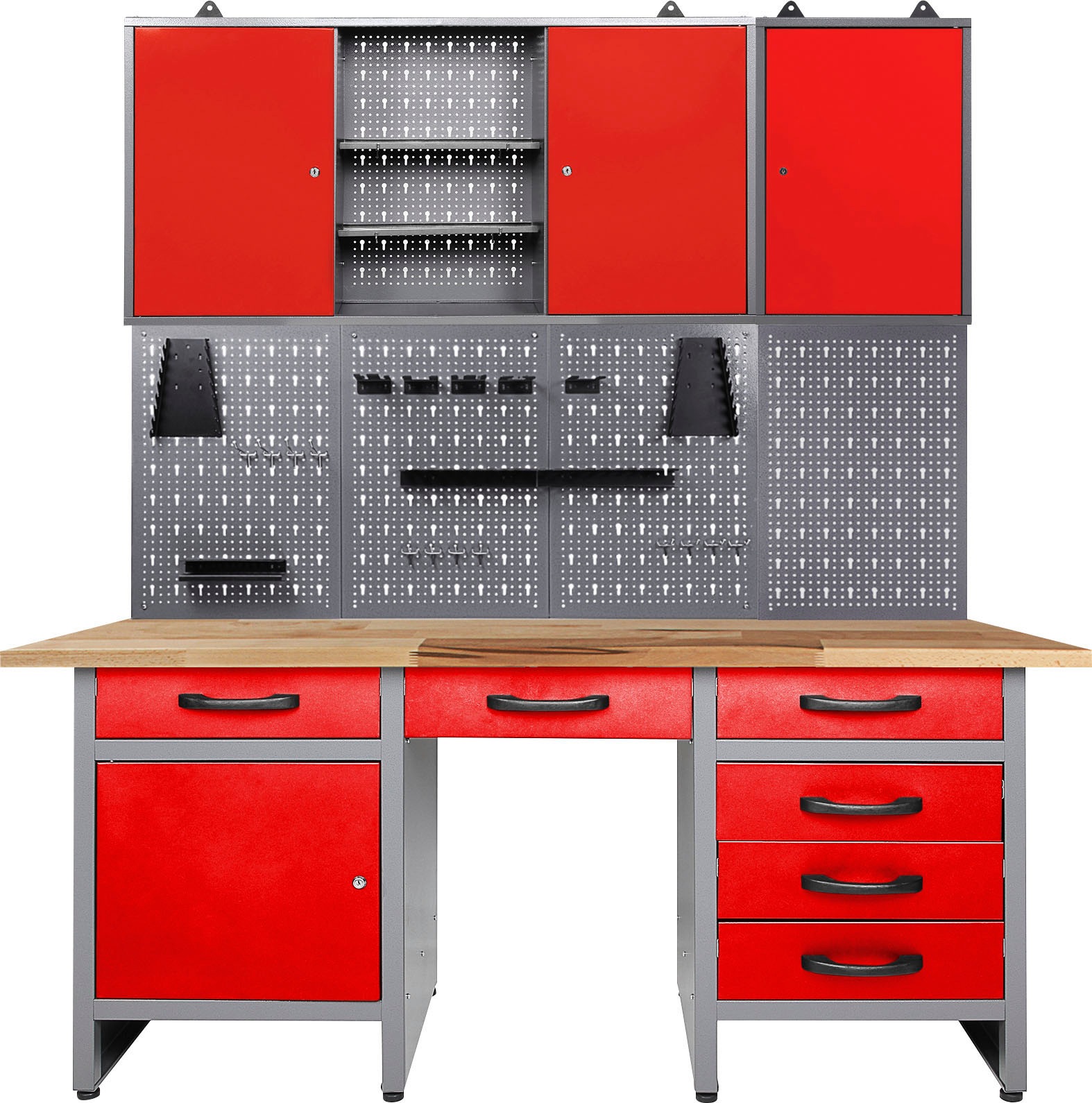 ONDIS24 Werkstatt-Set, B:160cm H:205cm T:60cm, rot, Werkbänke, 160 cm