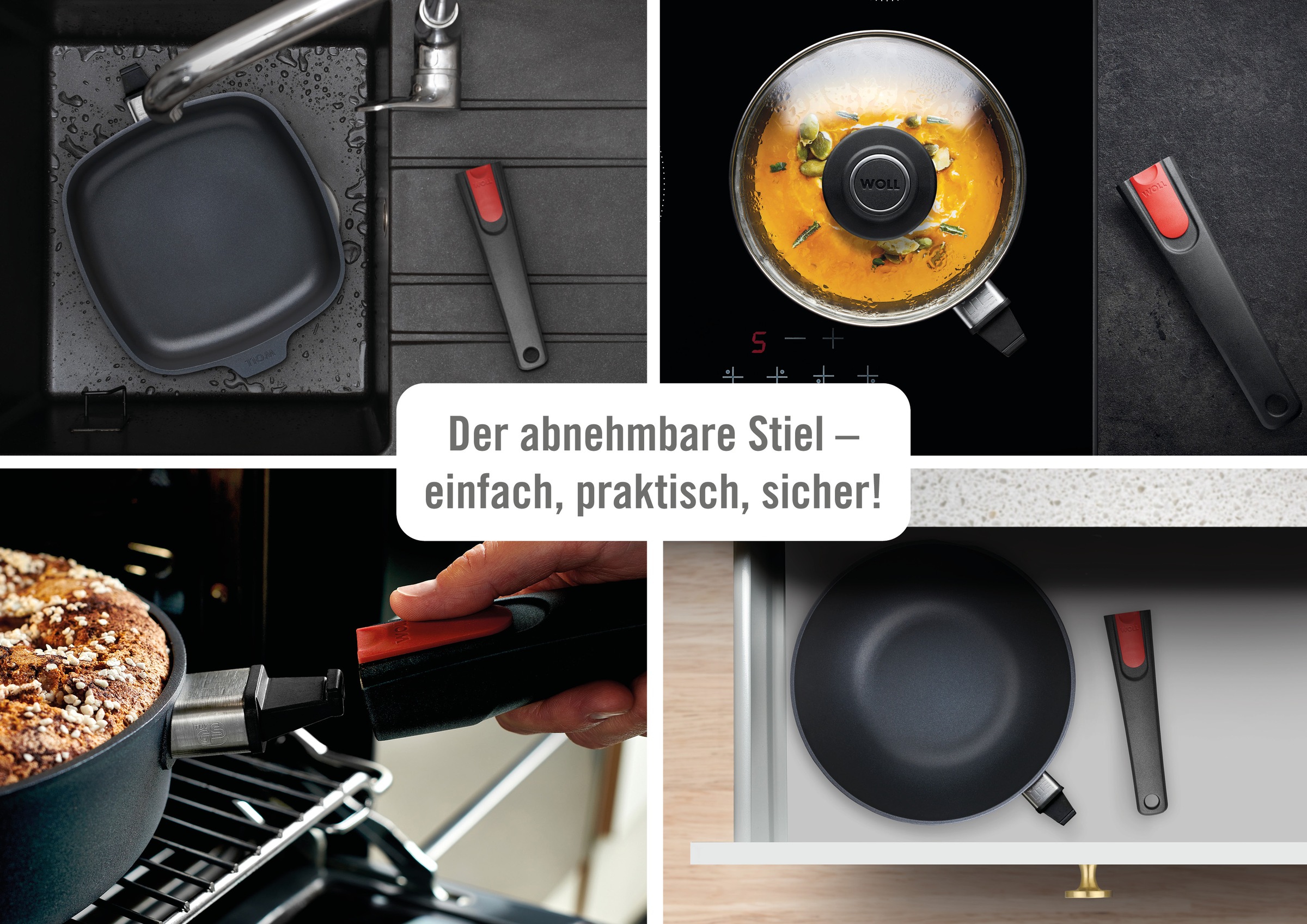 WOLL MADE IN GERMANY Pfannen-Set »Diamond Lite 28 x 28 cm« Aluminiumguss Set, 3 Stk. tlg. Abnehmbarer Stiel, Antihaftbeschichtet