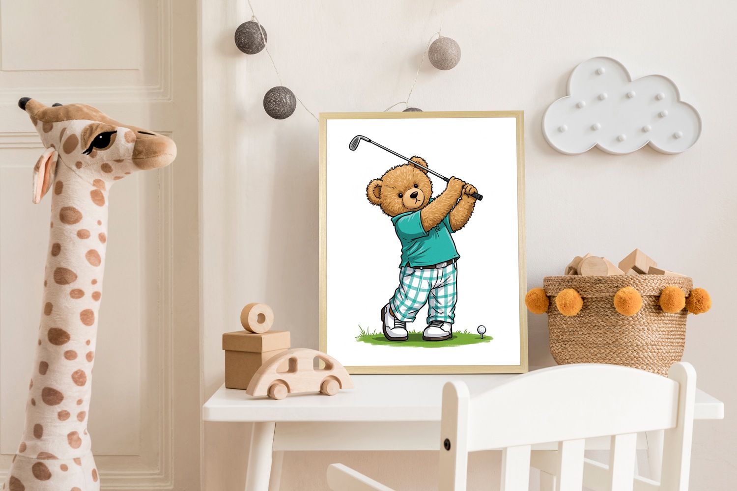 Bild mit Rahmen QUEENCE "Teddy Bär auf Golfplatz", farbe rahmen: beige, farbe bild(er): türkis, B:50cm H:70cm T:1,5cm, Acrylglas, Holzrahmen, Bilder, HD Premium Poster-Druck inkl. Echtholzrahmen in beige 3