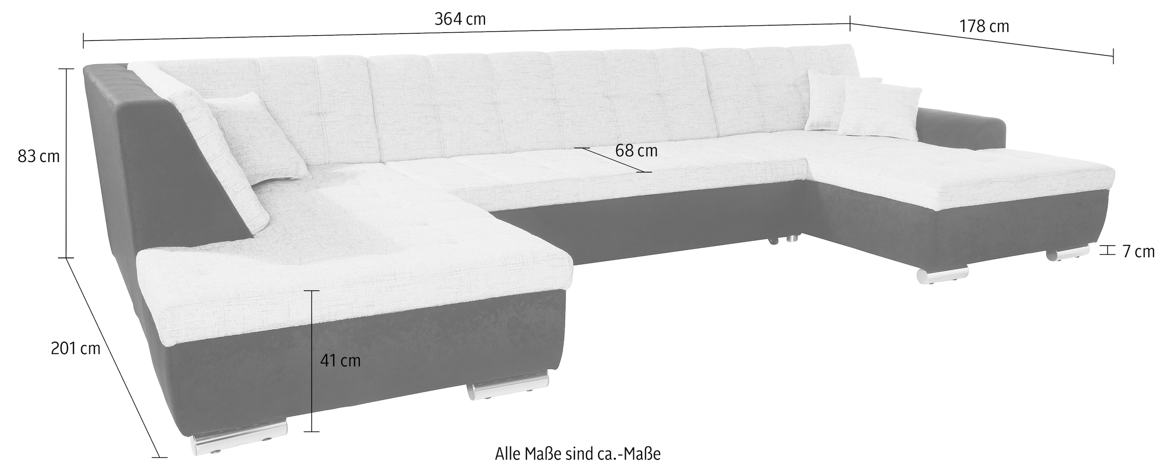DOMO collection Wohnlandschaft »Treviso incl. Zierkissen, moderne Steppung, XXL: B/T/H: 364/201/83 cm«, wahlweise mit Bettfunktion, in vielen Bezugsarten auch in Cord U-Form