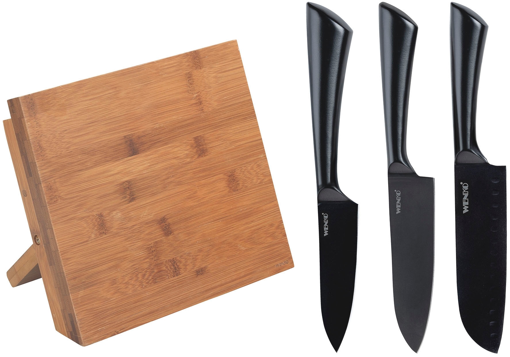 WENKO Magnet-Messerblock "Modell Mesina mit Messerset", B:23,5cm H:21cm L:13cm, braun, Messerblöcke, rostfreier Edelstahl und geräucherter Bambus,
