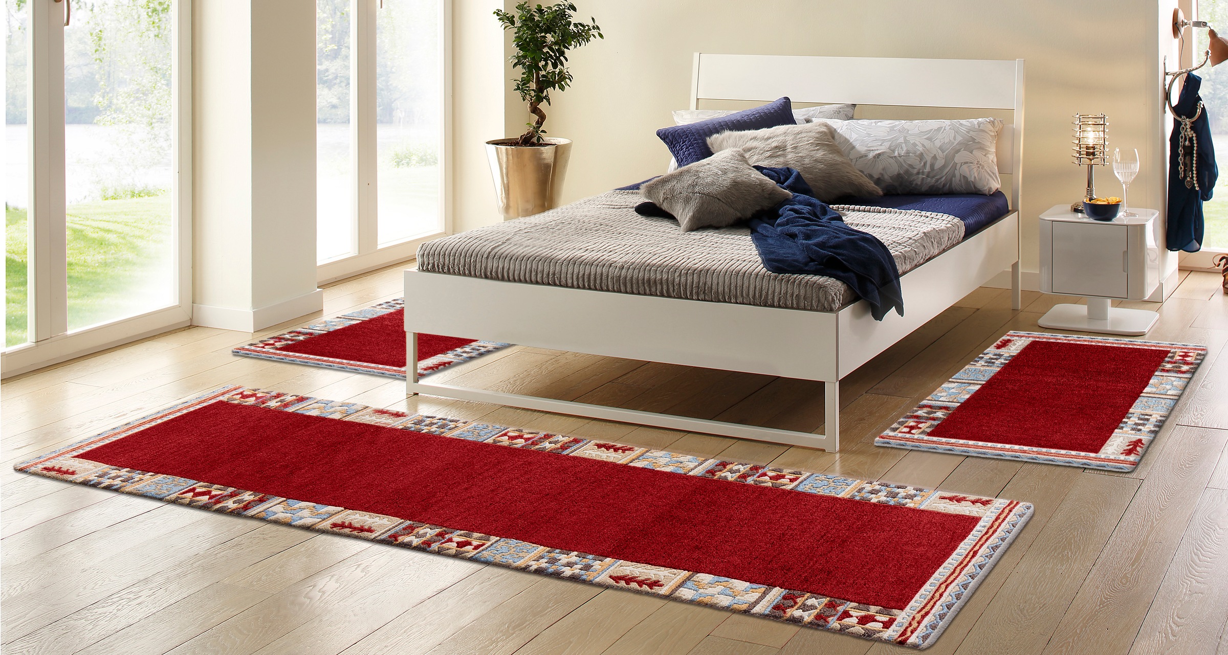 THEKO Bettumrandung »Nuno, handgearbeitet, mit Bordüre« Höhe 14 mm 3 Stk. tlg. Bettvorleger, reine Wolle, handgetuftet, Läufer-Set, Schlafzimmer