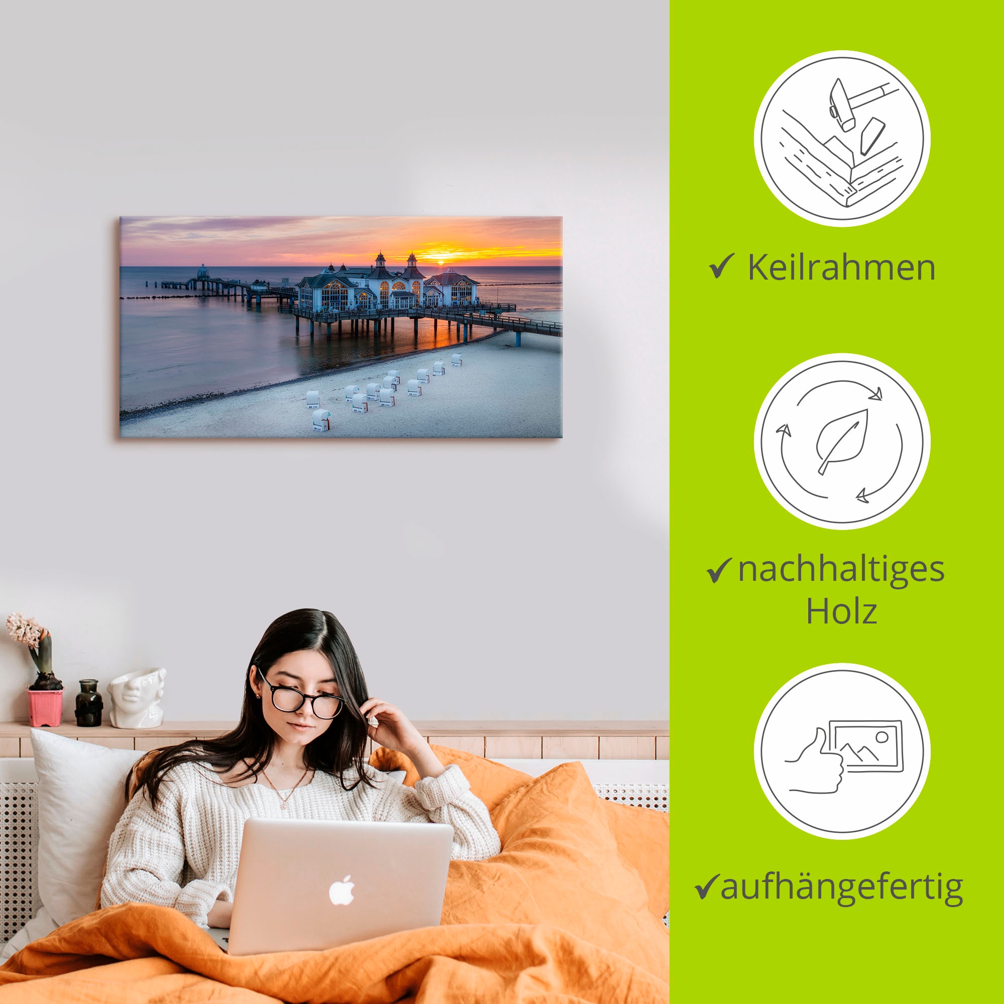 Artland Wandbild »RÜGEN Seebrücke in Sellin Sonnenaufgang«, (1 Stück), in vielen Größen & Produktarten - Alubild / Outdoorbild für den Außenbereich, Leinwandbild, Poster, Wandaufkleber / Wandtattoo auch für Badezimmer geeignet
