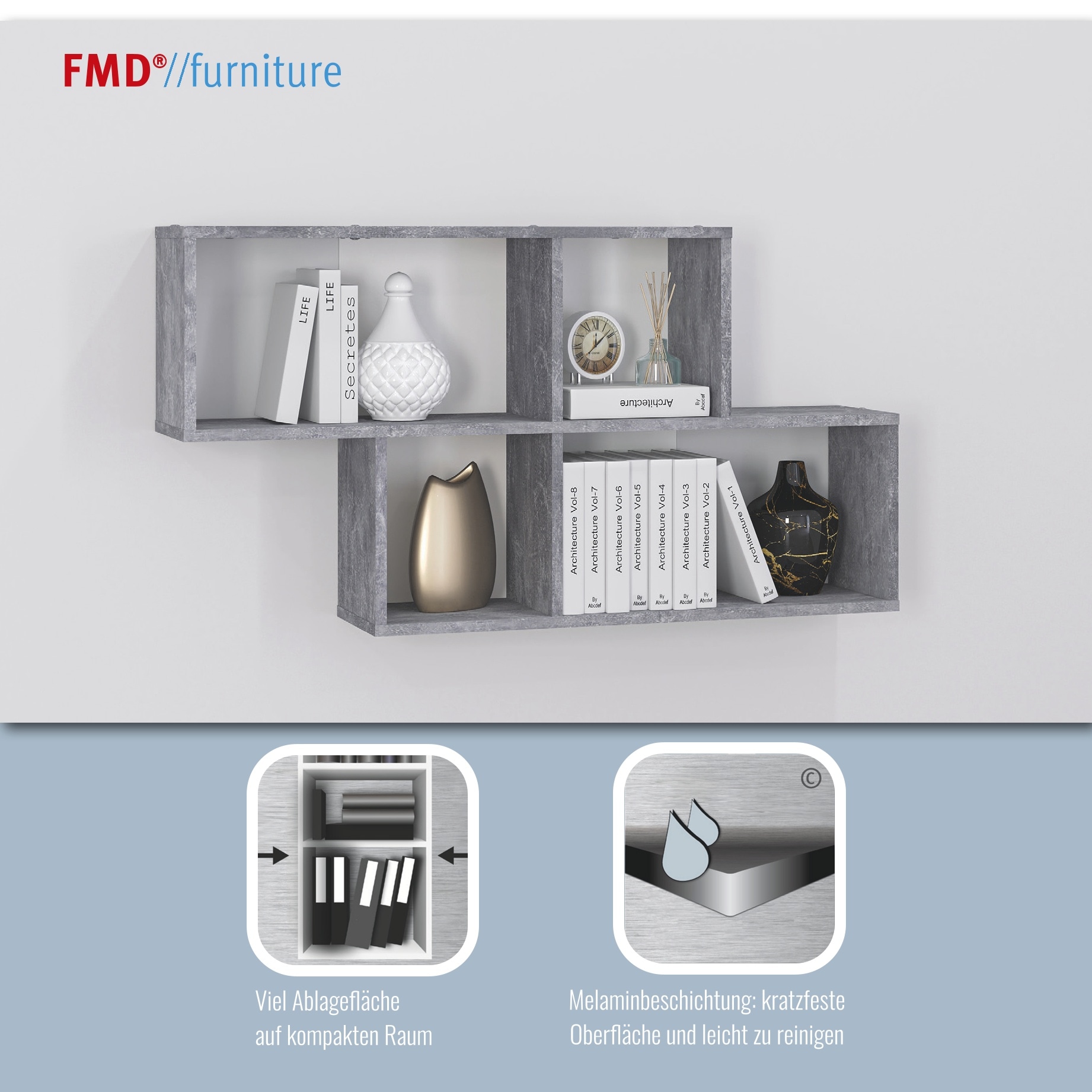 FMD Wandregal »Nora« Regal kompakt für Bücher und Accessoires, 100 cm breit, 53 cm hoch