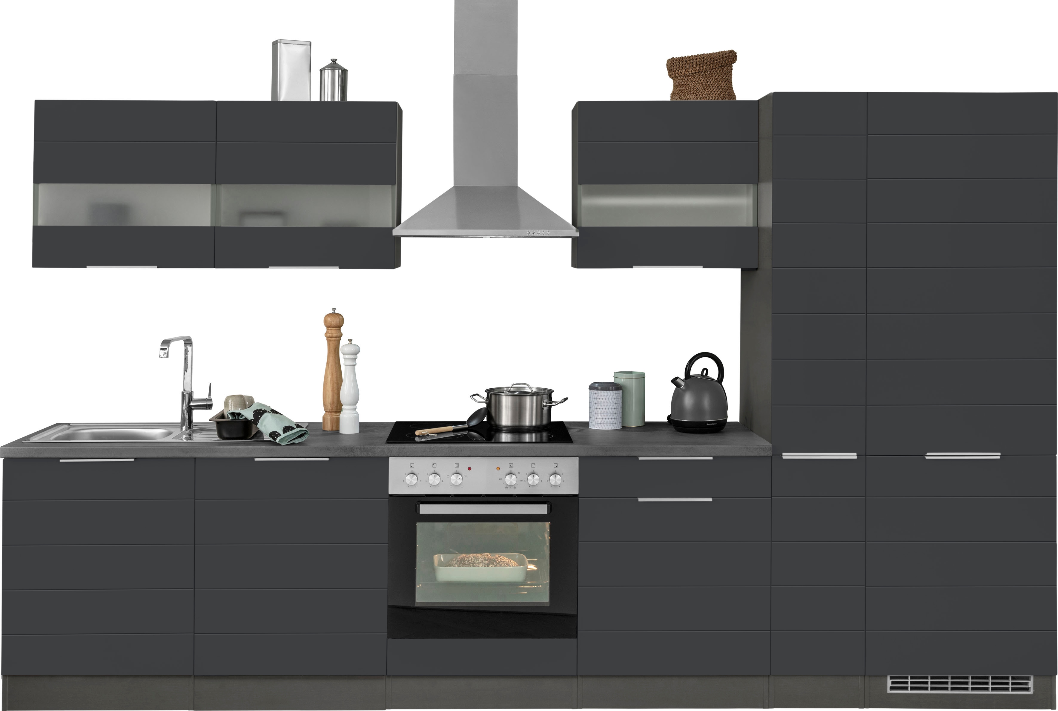 KOCHSTATION "KS-Luhe" 330 cm breit, wahlweise mit oder ohne E-Geräten, gefräste MDF-Fronten