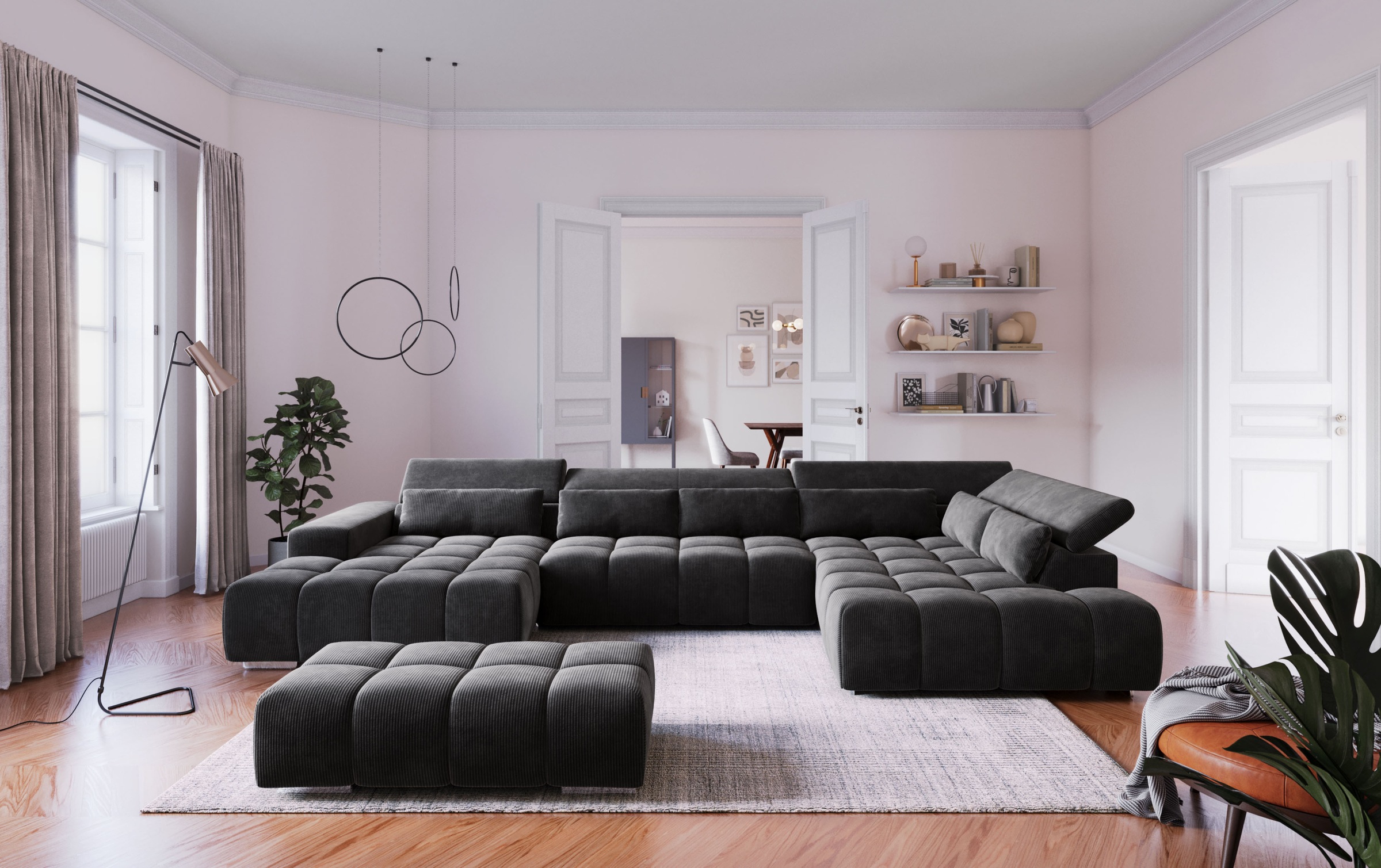 Wohnlandschaft COTTA "Orion U-Form", charcoal, B:409cm H:73cm T:225cm, 100% Polyester, Sofas, Wohnlandschaft, mit Kopfteilverstellung & 6 Nierenkissen 4