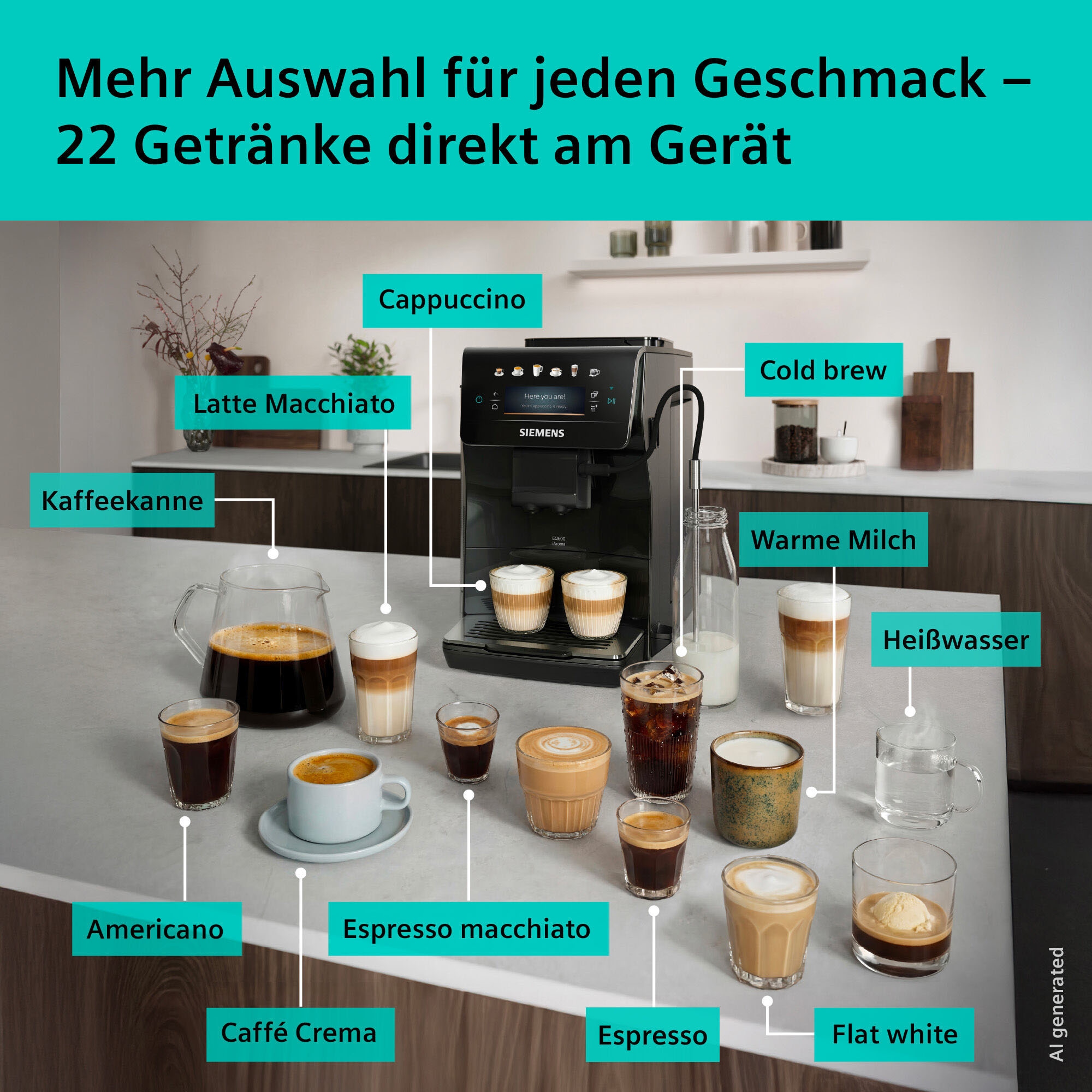SIEMENS Kaffeevollautomat »EQ600 TP601E09, 6 Getränke, XL-Getränke, bis zu 480ml, Kannenfunktion« Doppeltassenfunktion,Keramikmahlwerk, entnehmbare Brüheinheit, Schwarz