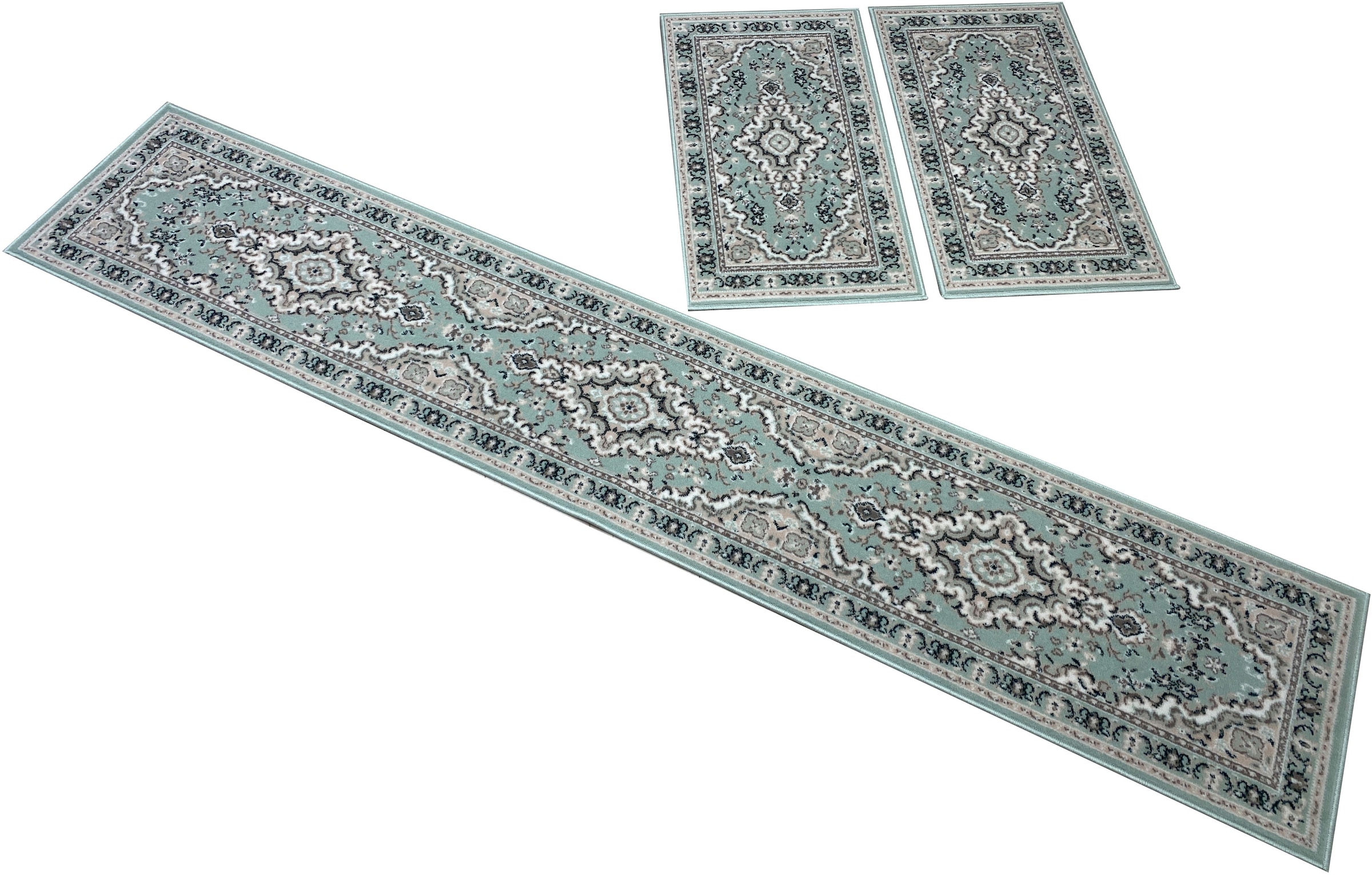 Bettumrandung OTTO HOME "Oriental, Made in Belgium" Gr. 14, grün, H:7mm, Obermaterial: 100% Polyester, Bettumrandungen, Läufer-Set, Kurzflor, Orient-Optik, mit Bordüre, pflegeleicht, elegant