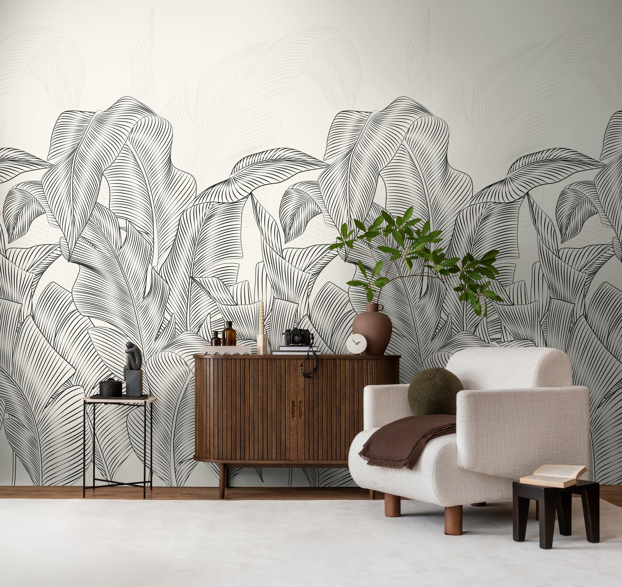 living walls Vliestapete "Vibes & Styles Linea Botanica – Jungle Outline Fototapete" floral leicht strukturiert Minimalistisches Blattdesign mit Linienführung und moderner Eleganz