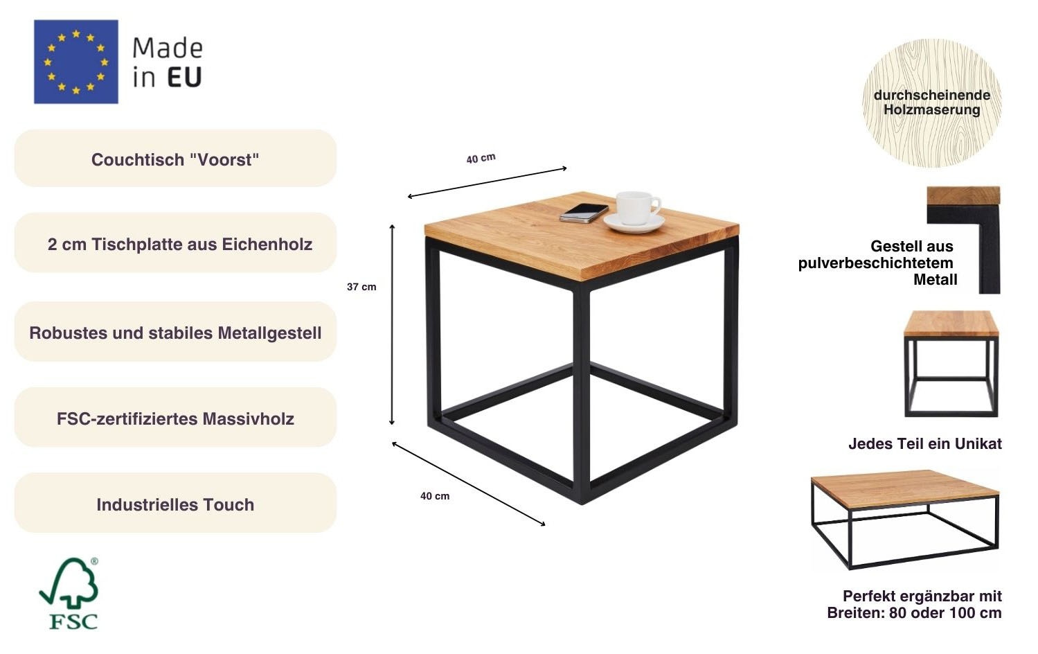 Home affaire Couchtisch »Voorst« aus massiver Eiche und Metallgestell
