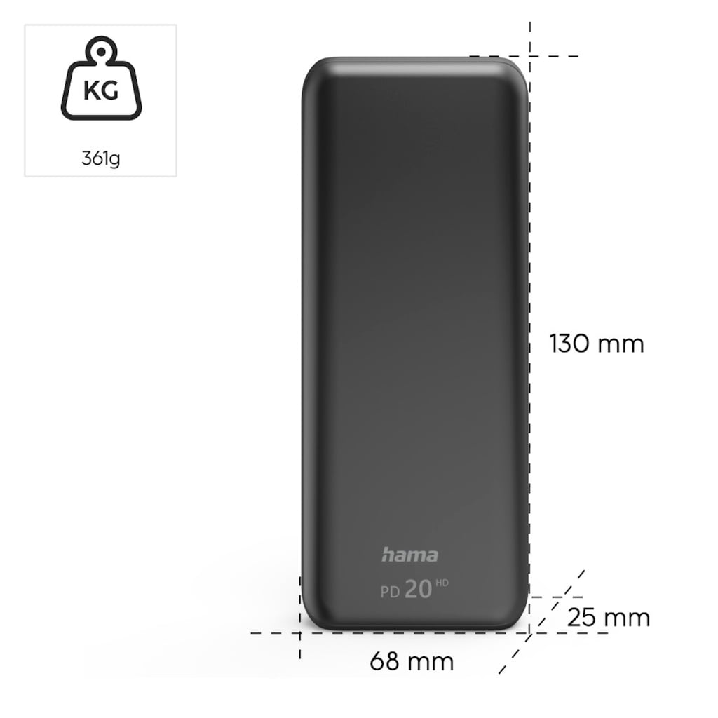 Hama Powerbank »Powerbank 20000mAh, 3 Ausgänge: 2x USB-A, 1x USB-C, für Schnellladen«, 20000 mAh, 3,7 V