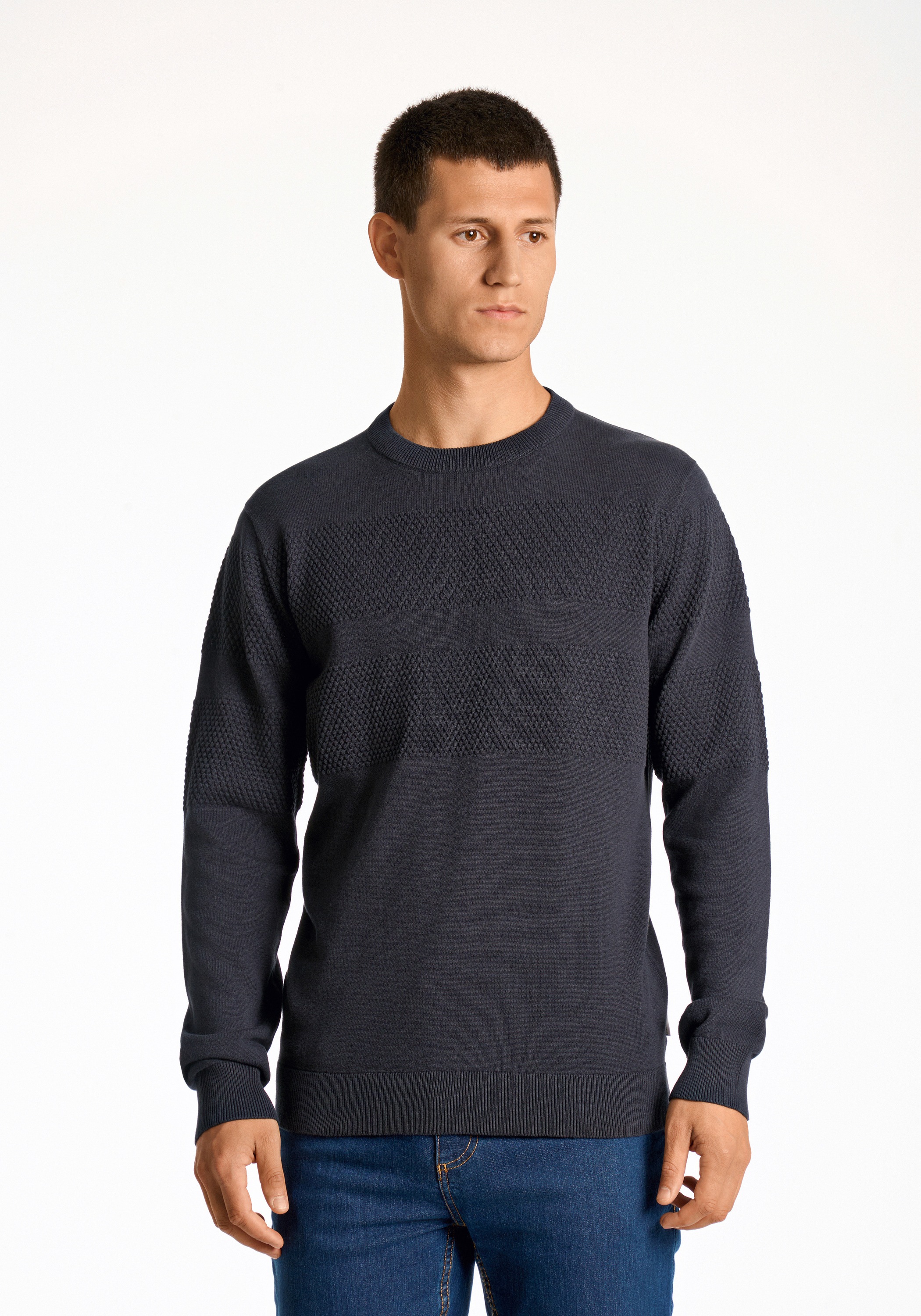 Strickpullover LINDBERGH, Herren, Gr. M, blau (navy), Strick, Obermaterial: 100% Baumwolle, unifarben, normal hüftbedeckend, Rundhals, Flachstrickbündchen, Pullover Strickpullover, mit Struktur