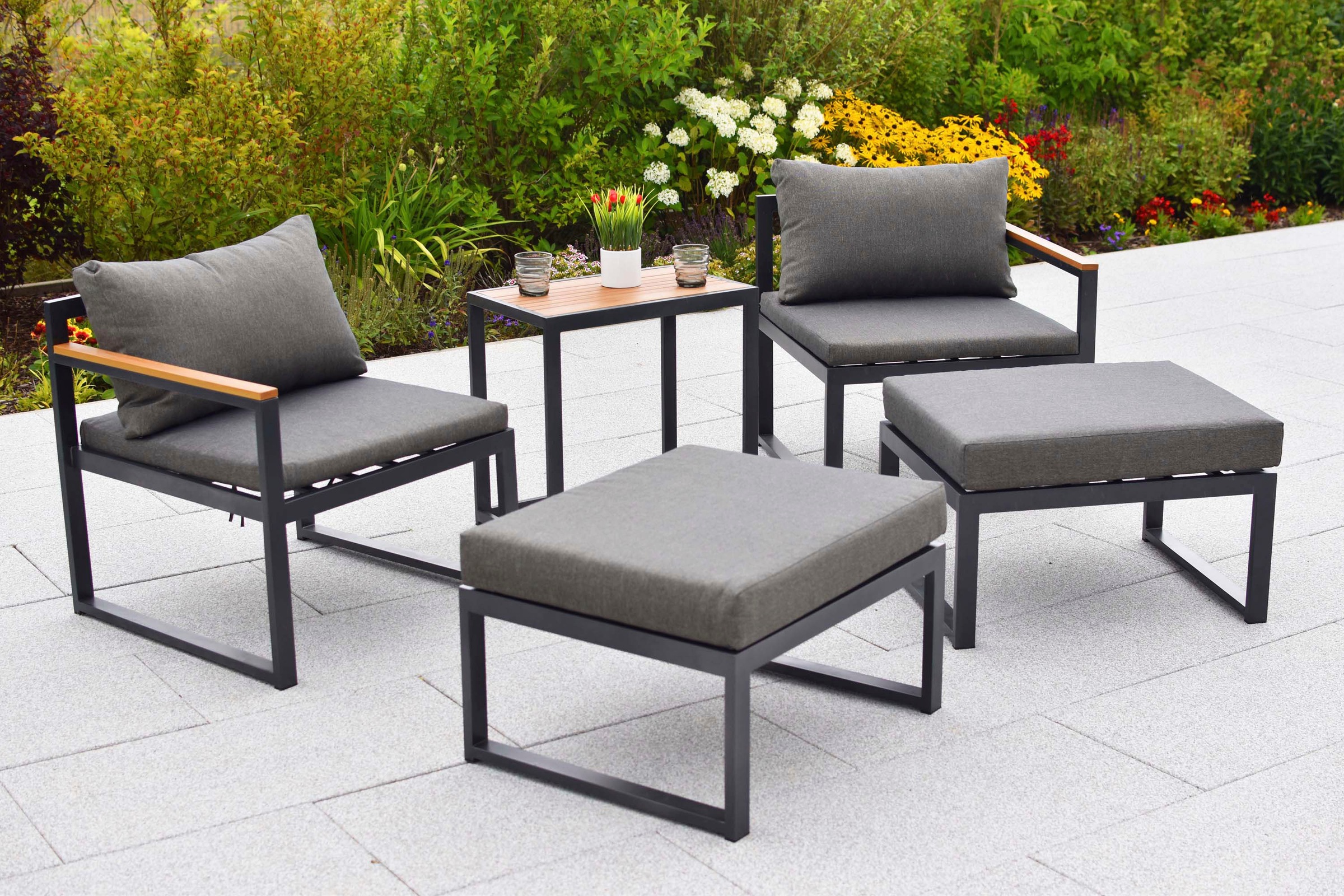 MERXX Gartenlounge-Set »Lindos« Set, 11 tlg. inkl. 2 Sessel, 2 Hocker, 2 Rückenkissen, 4 Sitzkissen, 1 Tisch