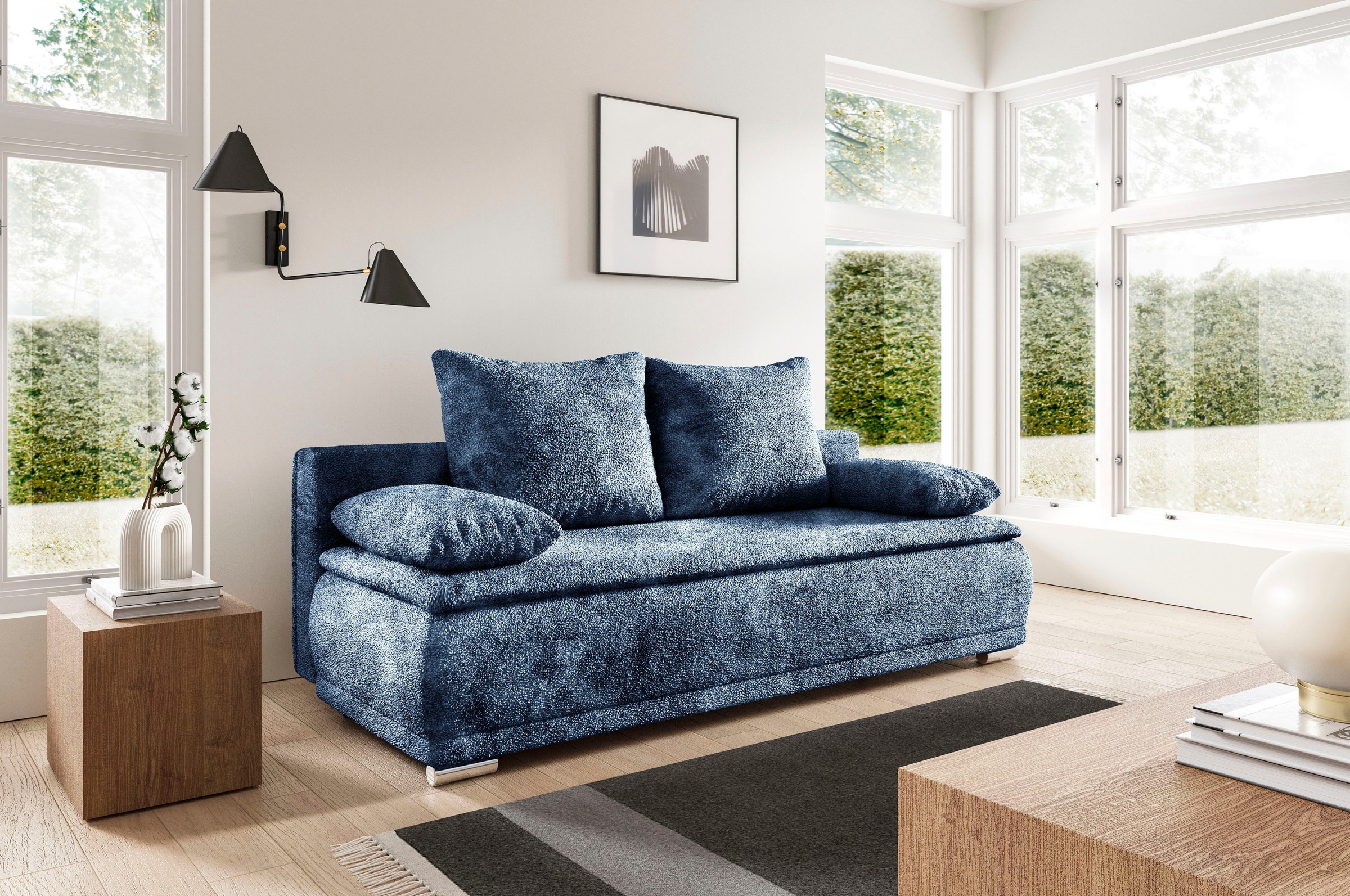 WERK2 Schlafsofa "Biggi 206 cm komfortabel und modern" Bouclé, Schlaffunktion, Bettkasten
