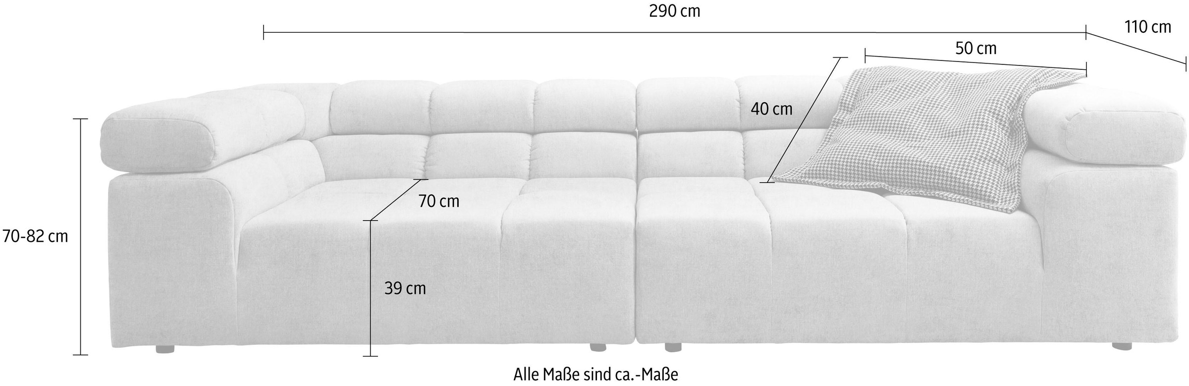 INOSIGN Big-Sofa »Ancona B/T/H: 290/110/70 cm«, auffällige Steppung, inkl. 2 Zierkissen und verstellbaren Kopfstützen