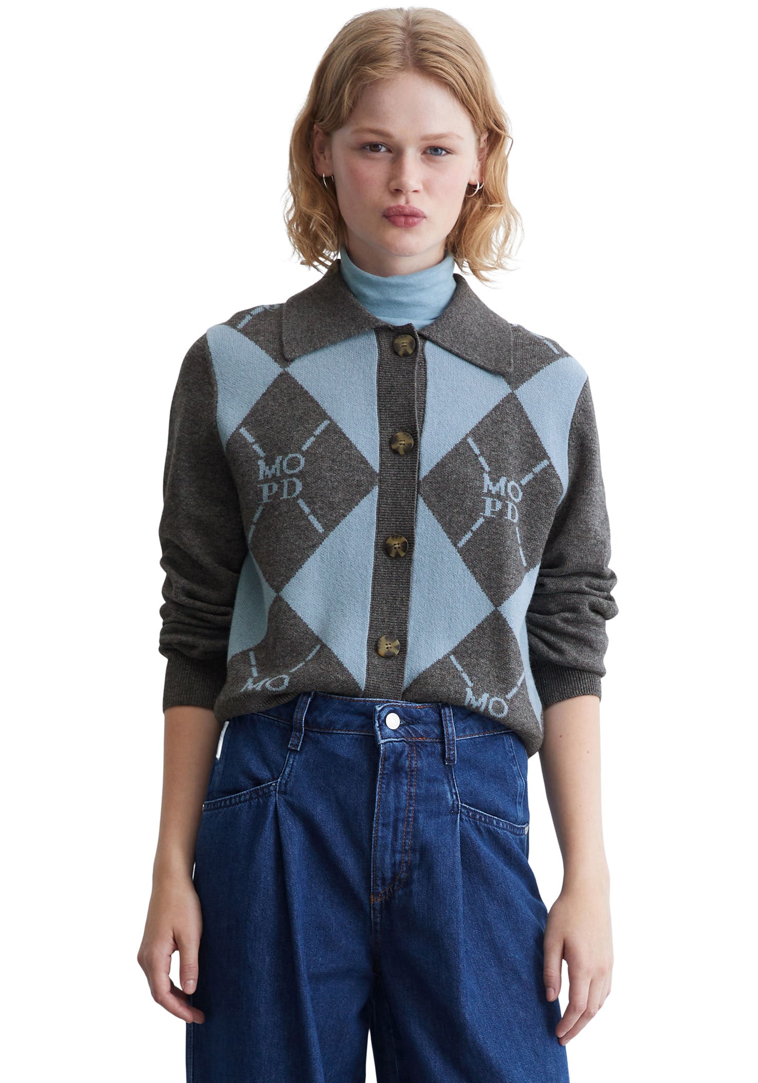 Marc OPolo DENIM Jacquardstrickjacke, mit elegantem Rauten- und Logomuster