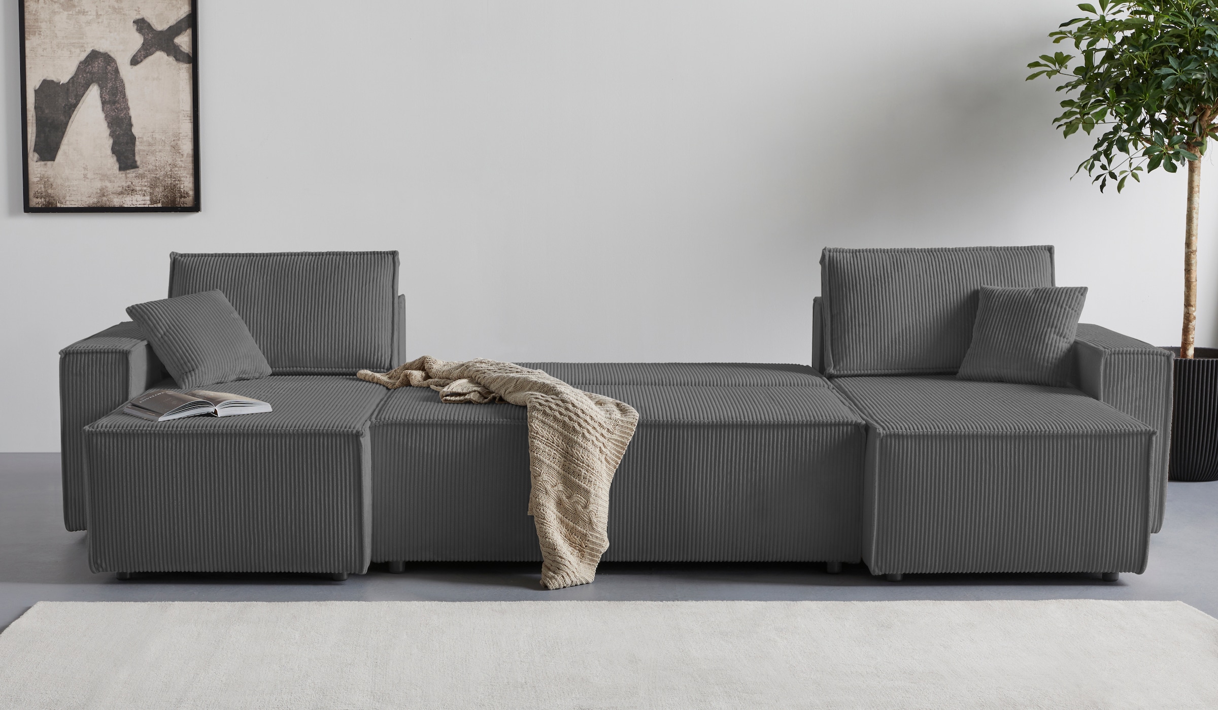 OTTO home Wohnlandschaft »CASSI, 311 cm, U-Form, Schlafsofa, Dauerschläfer, Boxspringfederung«, Schlaffunktion (133/270cm), Bettkasten, Seitentaschen, Cord-Bezug