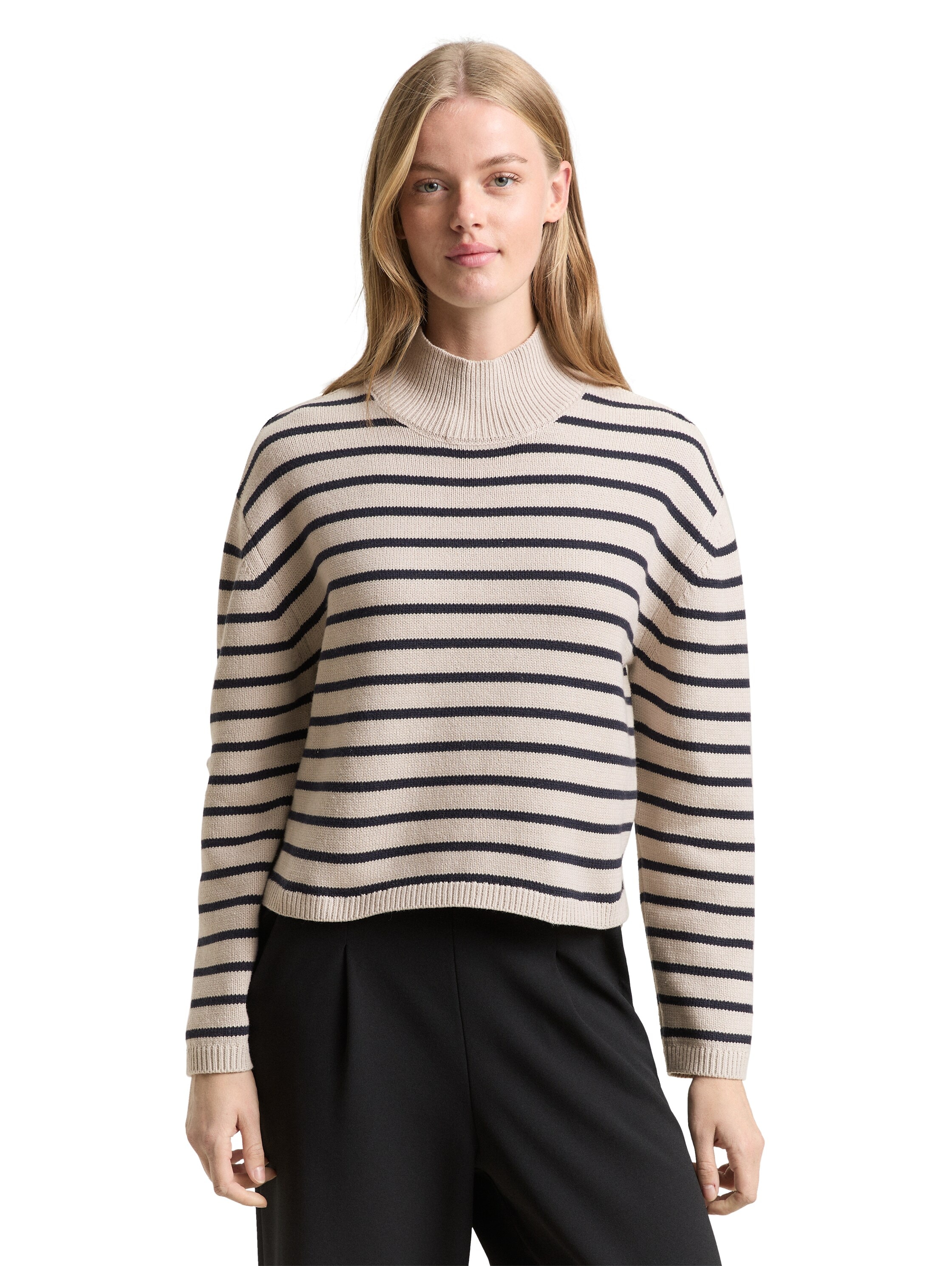 TOM TAILOR Denim Strickpullover im Streifen-Design und mit Stehkragen günstig online kaufen