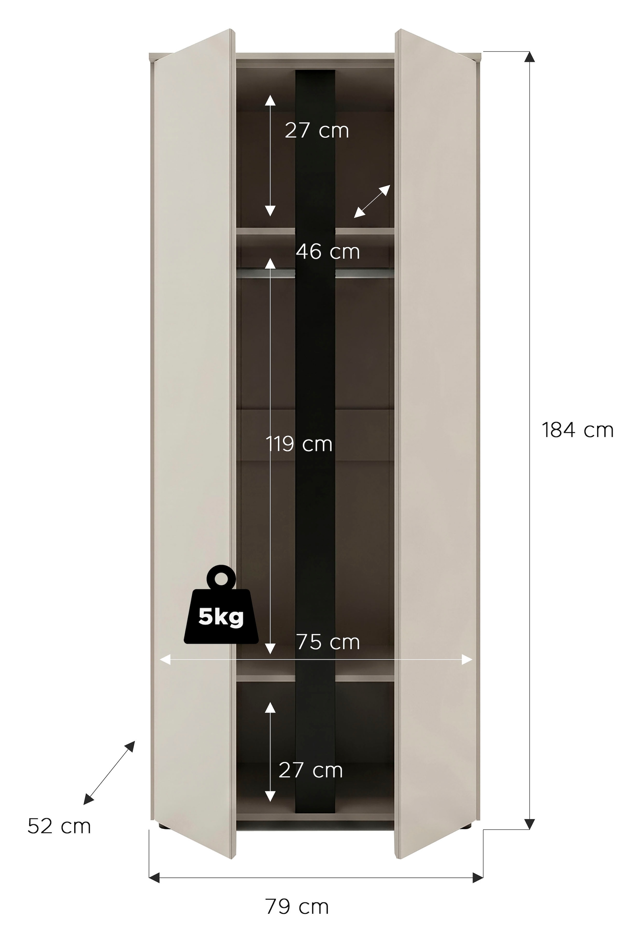 OTTO home Kleiderschrank »AXIS, in verschiedenen Breiten, Schlafzimmerschrank, Schrank« Breite 79cm, 2 Türen, 1 Kleiderstange, 3 Fächer