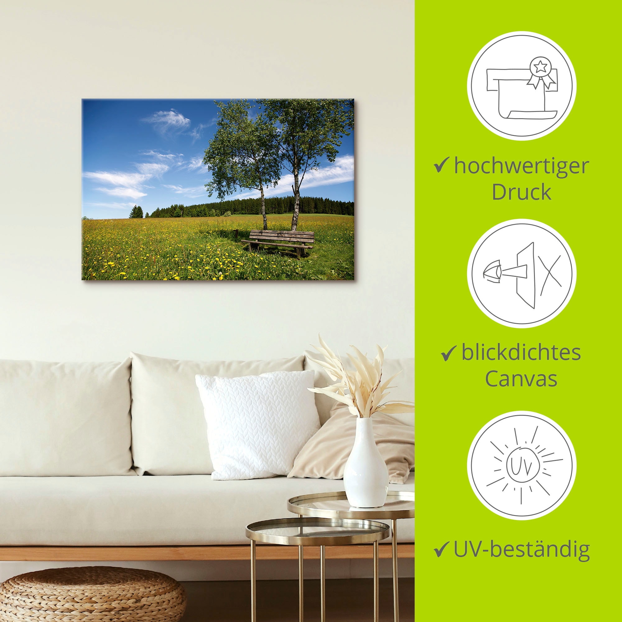 Artland Wandbild »Einsame Bank auf einer Löwenzahnwiese«, Felder, (1 St.), als Leinwandbild, Poster in verschied. Größen