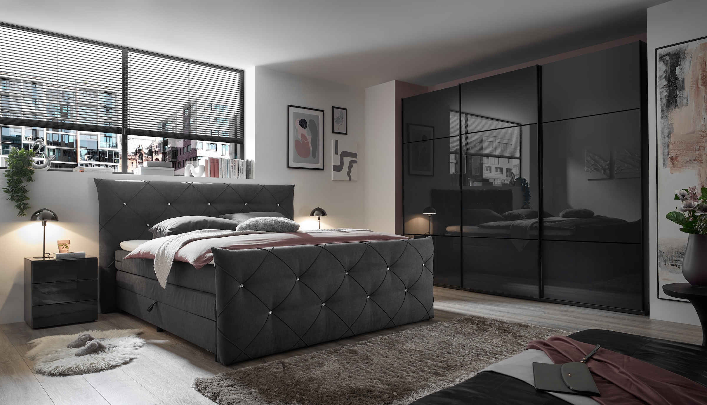 ED EXCITING DESIGN Boxspringbett »Villano«, mit Strasssteinen, Breite: 180cm, mit Bettkasten, inkl. Topper