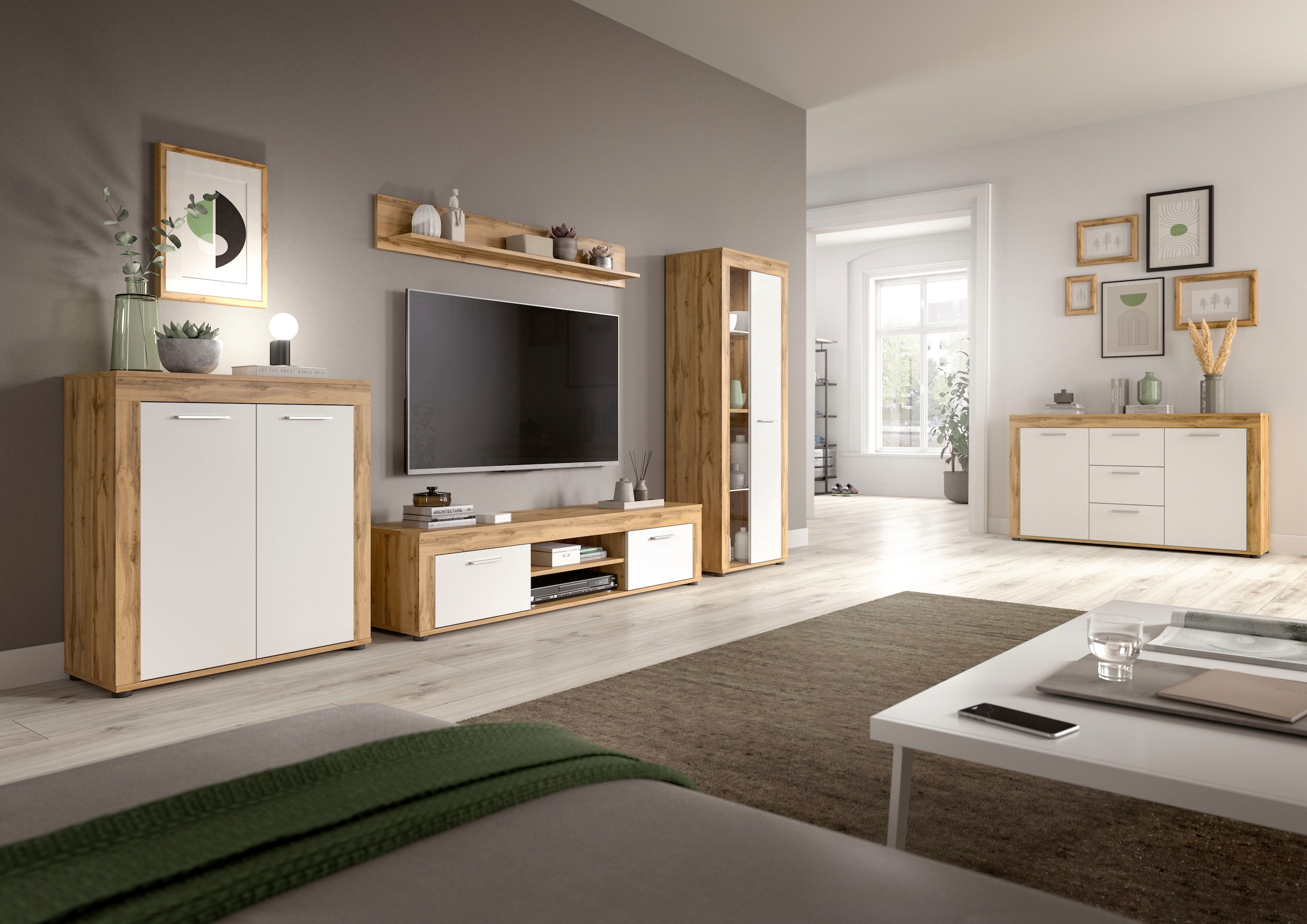 INOSIGN Wohnwand »Aosta, 4-tlg., best. aus: Vitrine, Lowboard, Wandboard & Vitrine hoch«, (4 St.), Wohnwand, Kombination, Anbauwand, Möbel Set, Schrankwand, Möbel Kombi