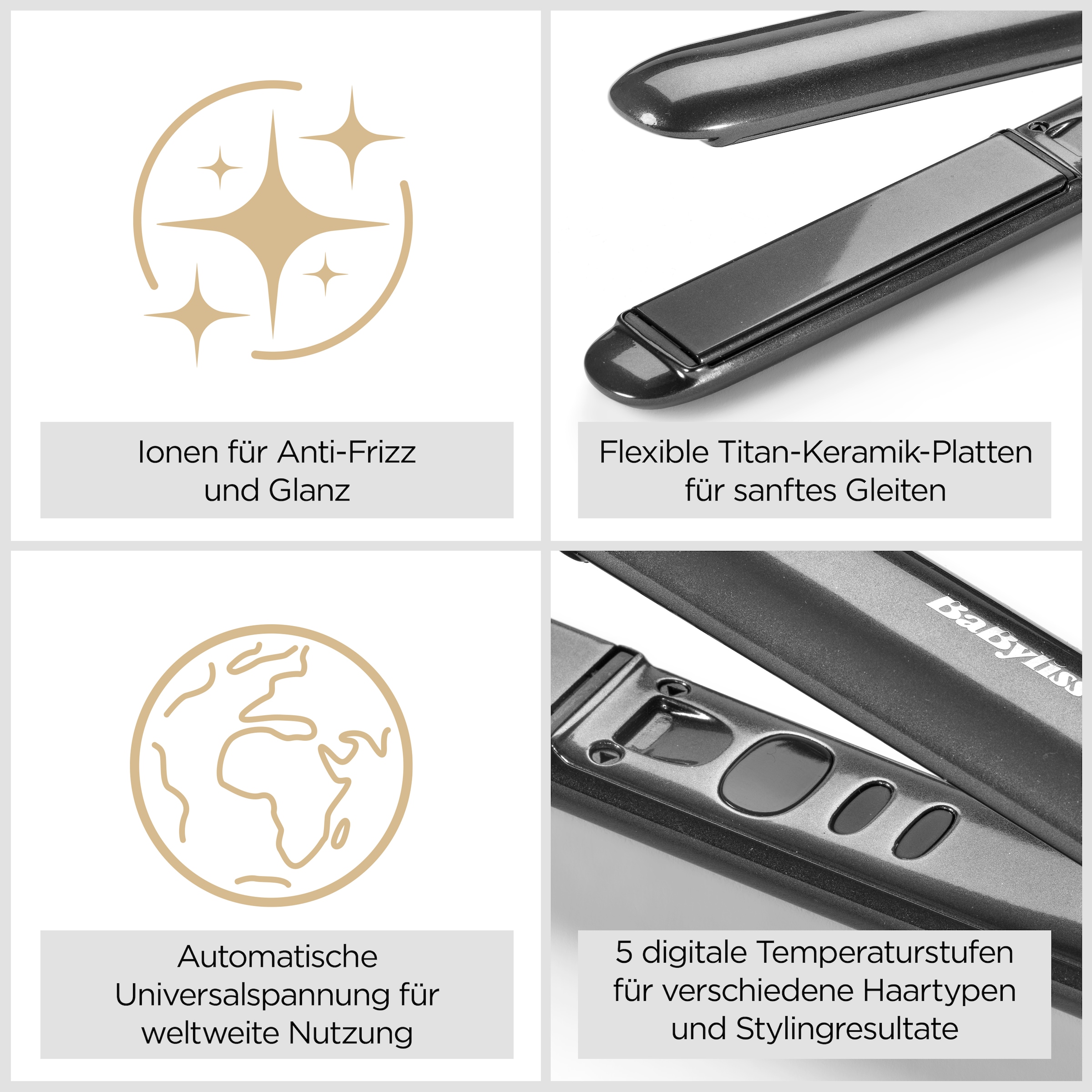 BaByliss Glätteisen »Titanium Shine professionelles Glätteisen, ST620E« Haarglätter, Titan-Keramikplatten, Ionen-Technologie, 5 Temperaturen