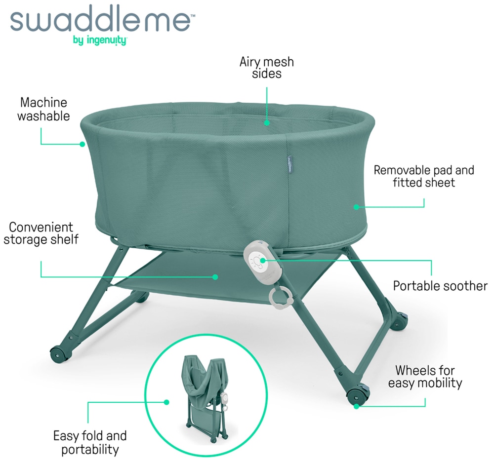 ingenuity Baby-Reisebett »Snooze & Stow™ Easy-Folding Bassinet, grün« faltbar