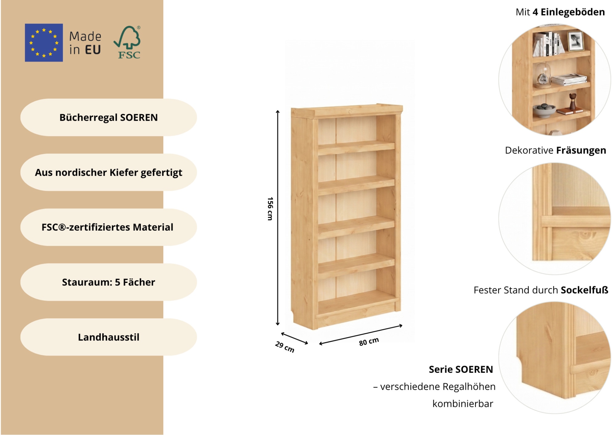 OTTO home Bücherregal »Soeren« aus massiver Kiefer, Tiefe 29 cm, FSC®-zertifiziert