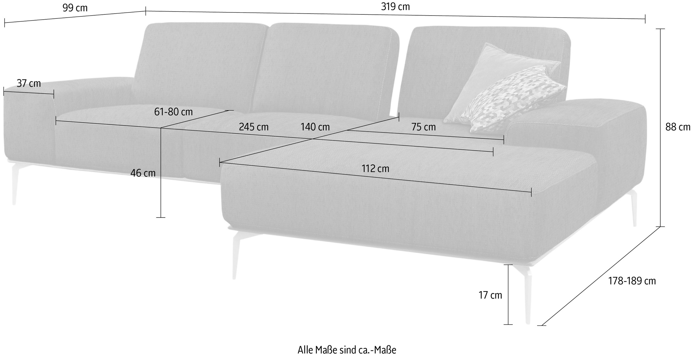 W.SCHILLIG Ecksofa »run, Designsofa mit tollem Sitzkomfort, bequem, L-Form« mit elegantem Holzsockel, Füße in Silber matt, Breite 319 cm