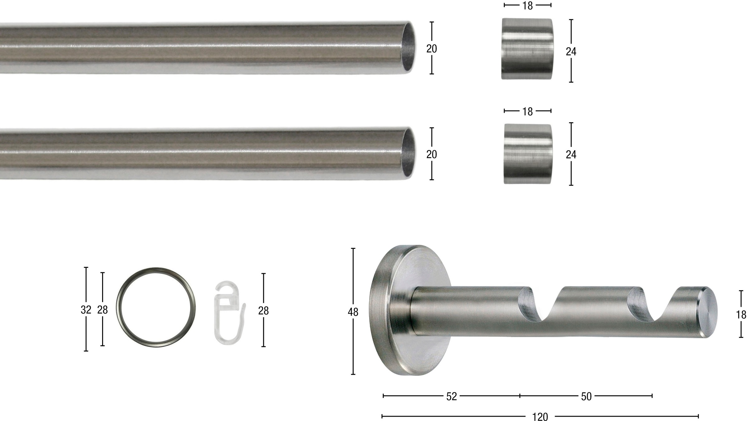 GARESA Gardinenstange »CHAPEAU«, 2 läufig-läufig, Wunschmaßlänge, Vorhanggarnitur, mit Ringe und Haken, verlängerbar, edelstahl optik