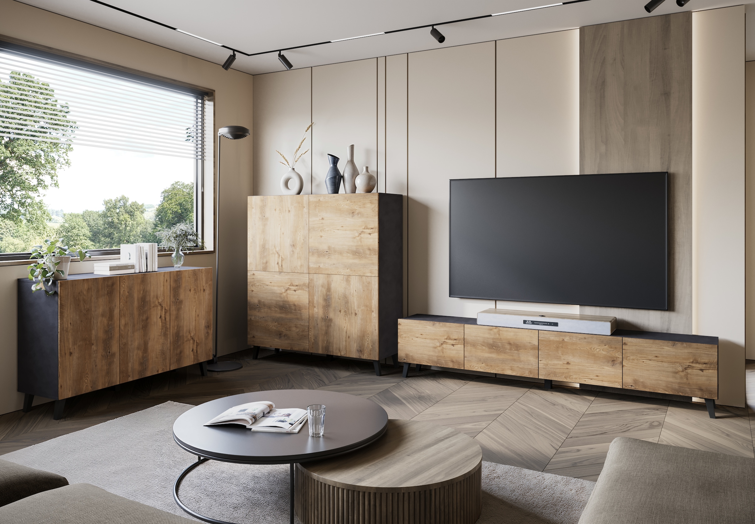 Home affaire Lowboard »LOWBOARD PHUKET II,  TV-Kommode Breite 190cm« 1 Stk. tlg. Modernes, griffloses Design mit 4 Klappen in eleganten, matten Farben