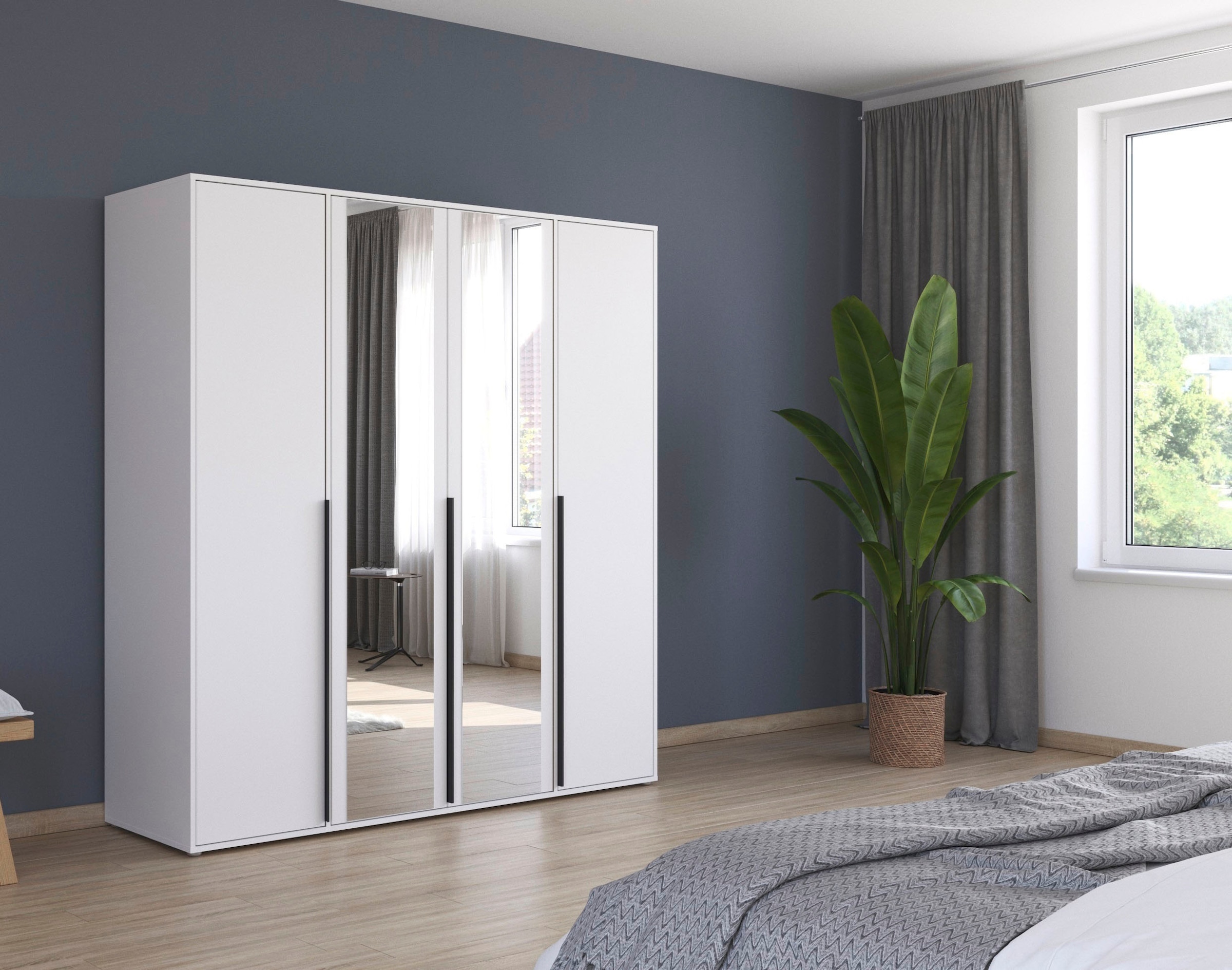 rauch Drehtürenschrank »Kleiderschrank Schrank Garderobe Wäscheschrank NAGATA mit Spiegel«, (in 3 verschiedenen Ausstattungen BASIC/CLASSIC/PREMIUM), und modernen Stangengriffen in Graumetallic TOPSELLER MADE IN GERMANY