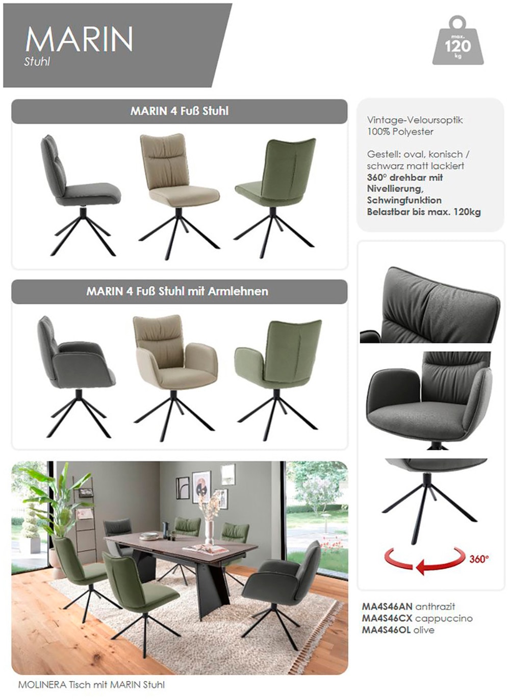 MCA furniture 4-Fußstuhl »MARIN Esszimmerstuhl (2er Set) - Stuhl«, (Set), 2 St., Microfaser, 360° drehbar, Metall schwarz, beweglichen Rücken, belastbar 120 kg