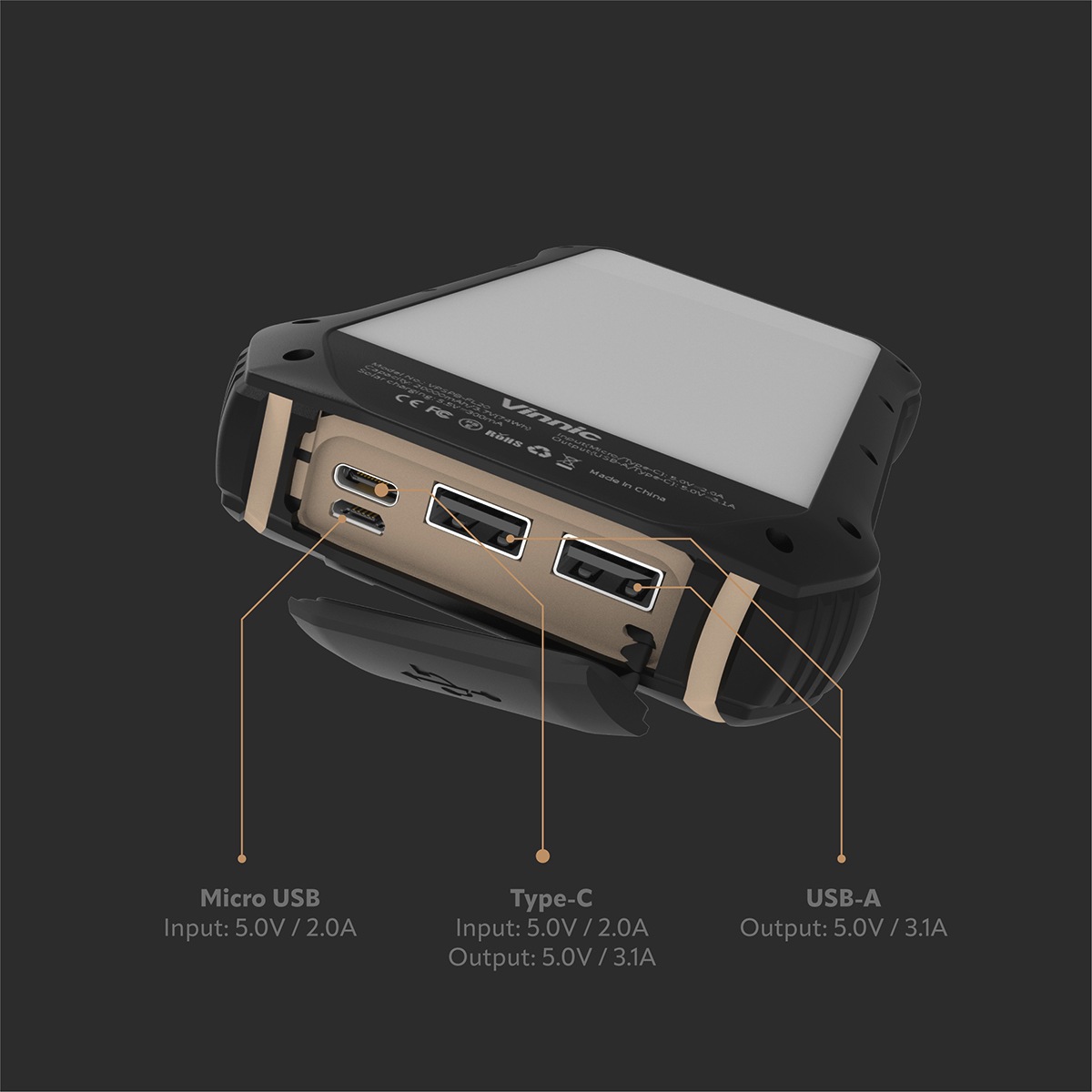 Vinnic Powerbank »SACA PEAK Solar Powerbank 10.000mAh IP65 1xUSB-C, 2xUSB-A«, Vinnic SACA PEAK Solar Powerbank 10.000mAh IP65 1xC 2xA,black