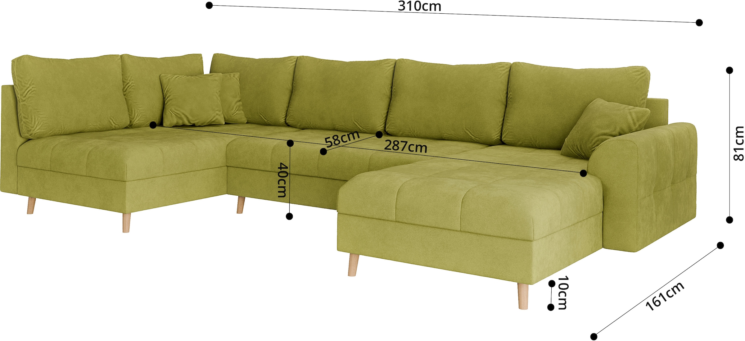 Home affaire Wohnlandschaft »CHARRE U-Form mit Ottomane, Maße B/T/H: 310/161/81 cm«, feine Steppung, lose Rücken- und Zierkissen, auch in Cord und Bouclé