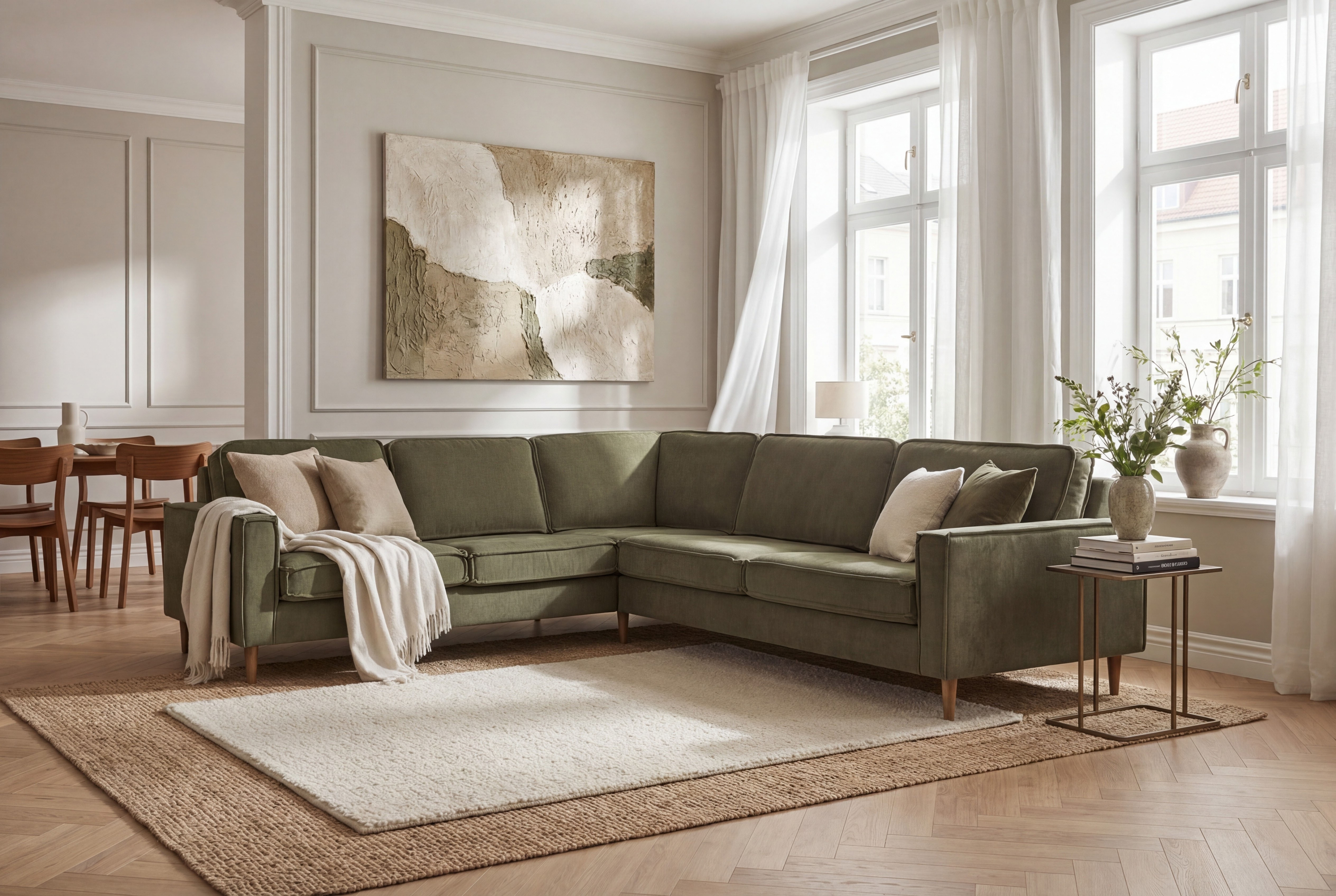 OTTO home Ecksofa "Pinto Skandi, 290 cm, Chenille, Struktur, Ottomane links / rechts" mit Keder, Massivholzfüße Eiche geräuchert, Wellenunterfederung