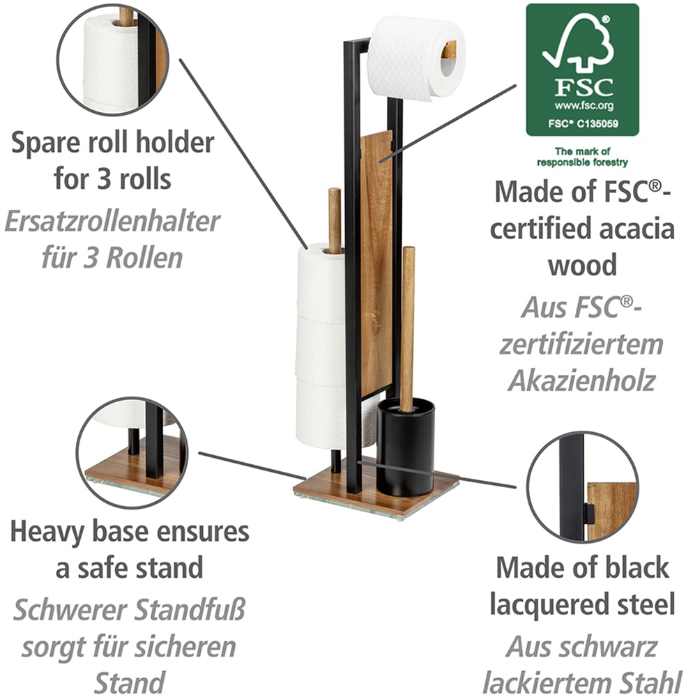 WENKO WC-Garnitur »Modell Rivalta Acacia«, aus Metall, integrierter Toilettenpapierhalter und WC-Bürstenhalter, Akazienholz