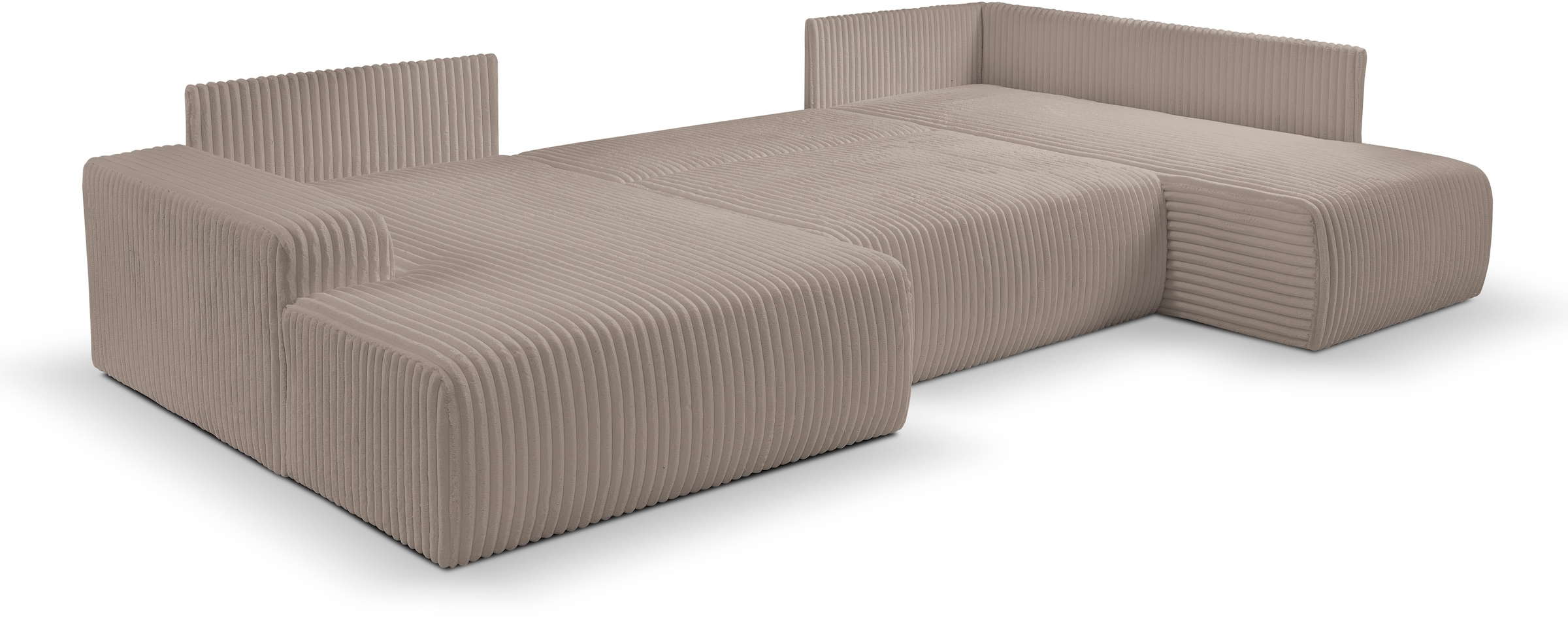 WERK2 Wohnlandschaft »Rotterdam-U, U-Form, in kuschelweichem Cord oder Breitcord«, Design Sofa mit Schlaffunktion & Bettkasten, Breitcord, Taupe