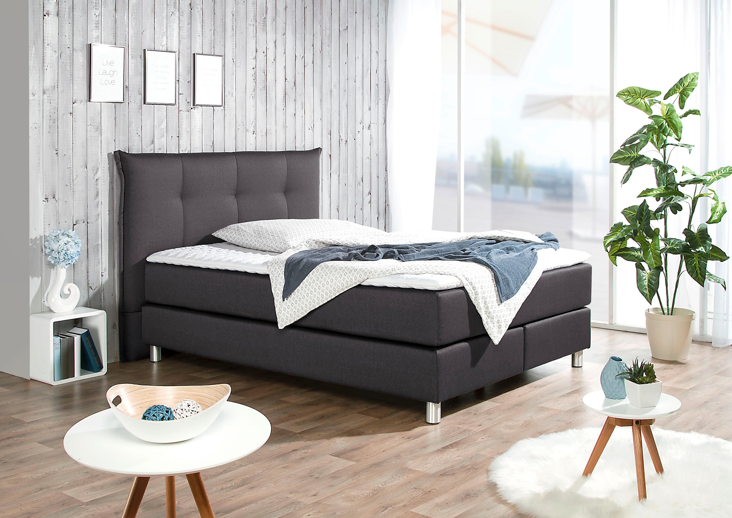 Boxspringbett MAINTAL, grau (anthrazit), Liegefläche B/L: 140cm x 200cm, H3, Bonnell-Federkernmatratze, Bezug der Spiegelfläche Matratzendrell aus 100% Polyester;Strukturstoff-Bezug (100% Polyester);Kaltschaum-Topper: Bezug aus 100% Polyester. Abnehmbar u