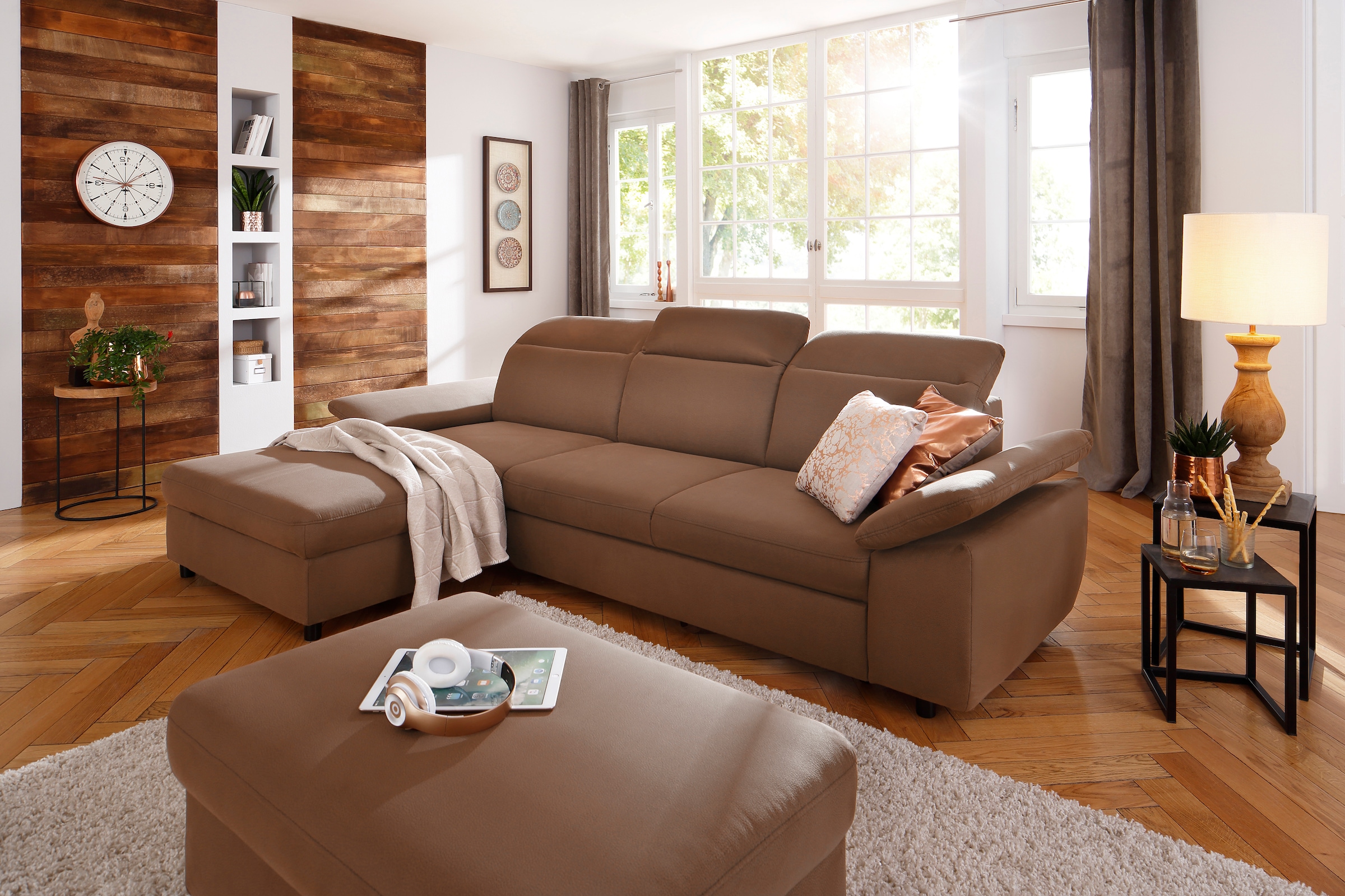 OTTO home Ecksofa "Mauritius L-Form" mit Kopfteil- und Armlehnverstellung, Schlaffunktion & Bettkasten