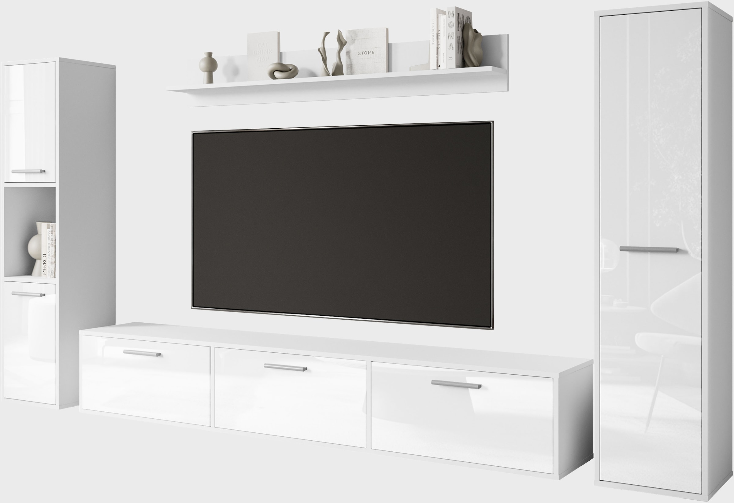 INOSIGN Wohnwand »BOGOTA XL, Vitrine Türanschlag links/rechts wechselbar«, (Komplett-Set, 4 St.), viel Stauraum, hängend und stehend montierbar