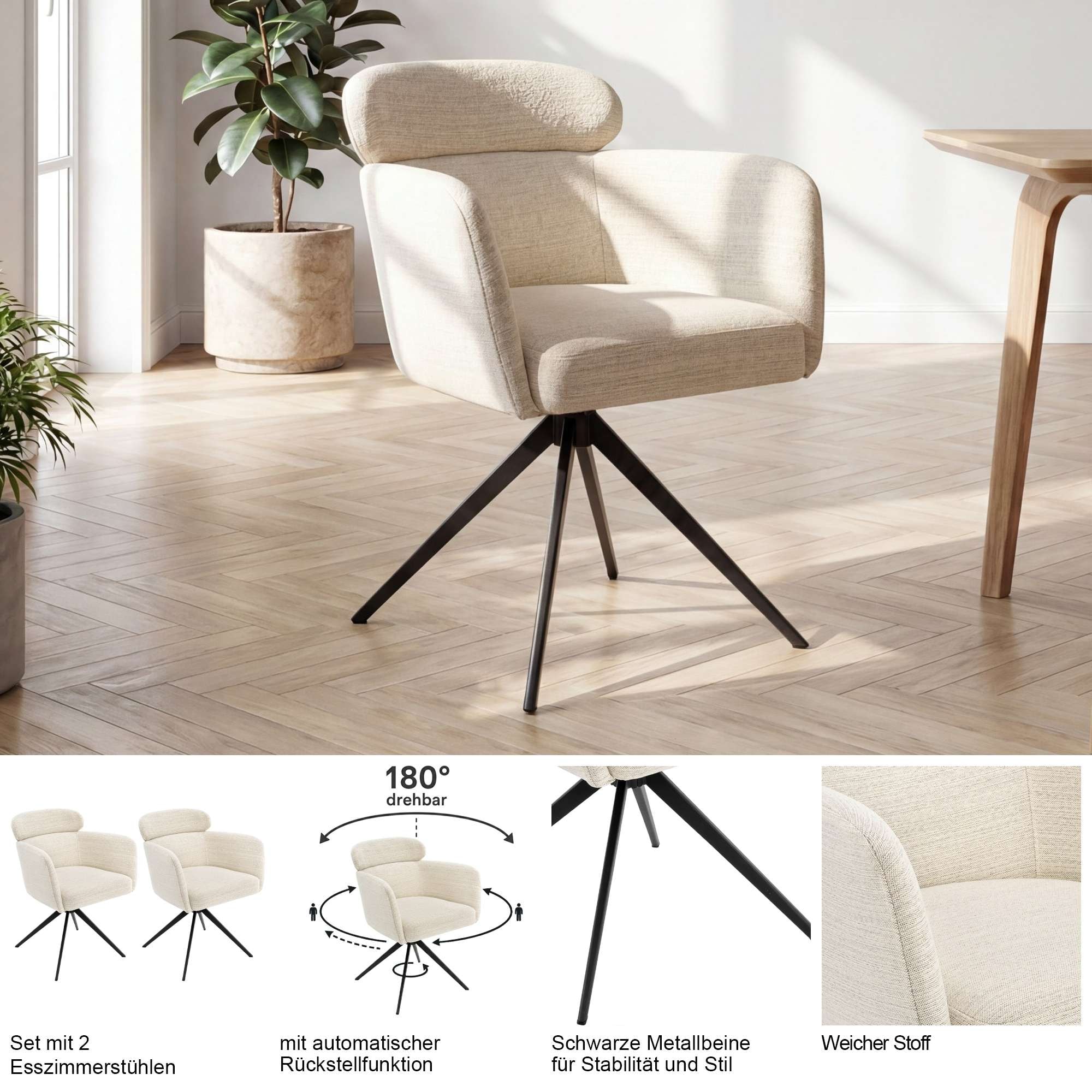 OTTO home Esszimmerstuhl »Isarco« () 2 Stk.360° Auto Rückkehr, gepolsterte Rückenlehne, Armlehne und Sitzfläche