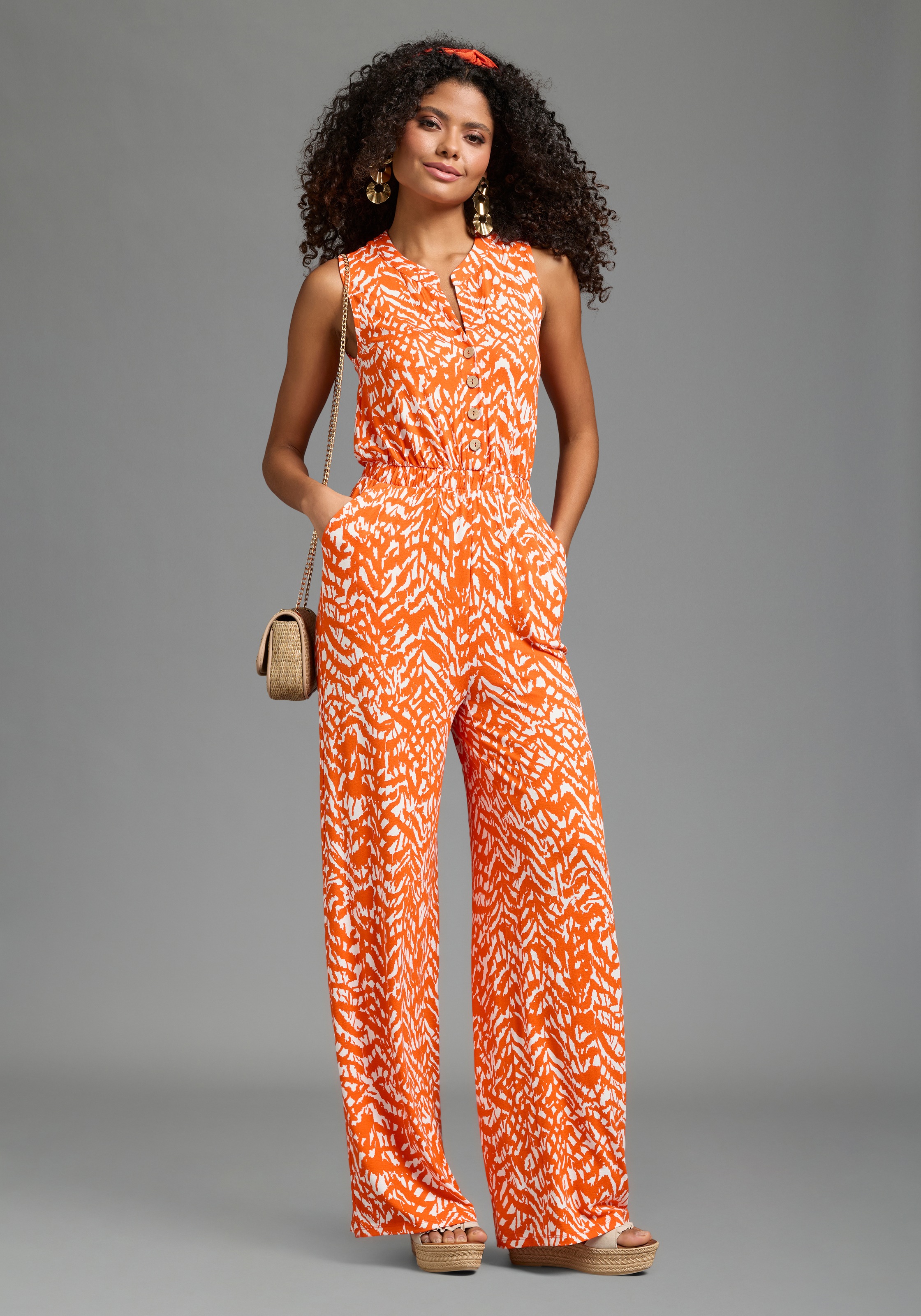 Jumpsuit LAURA SCOTT, Damen, Gr. 42, N-Gr, rot, gemustert, Jersey, Obermaterial: 95% Viskose, 5% Elasthan, gemustert, bequem, Rundhals, Overalls Jumpsuit, mit sommerlichem Muster, modisch weites Bein und Knopfleiste 3