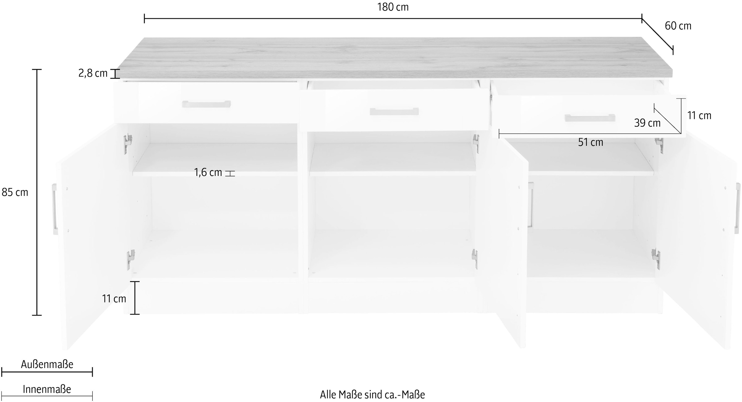 KOCHSTATION Unterschrank »KS-Tinnum«, 180 cm breit, Metallgriffe, MDF Fronten, 3 Schubkästen, 3 Türen