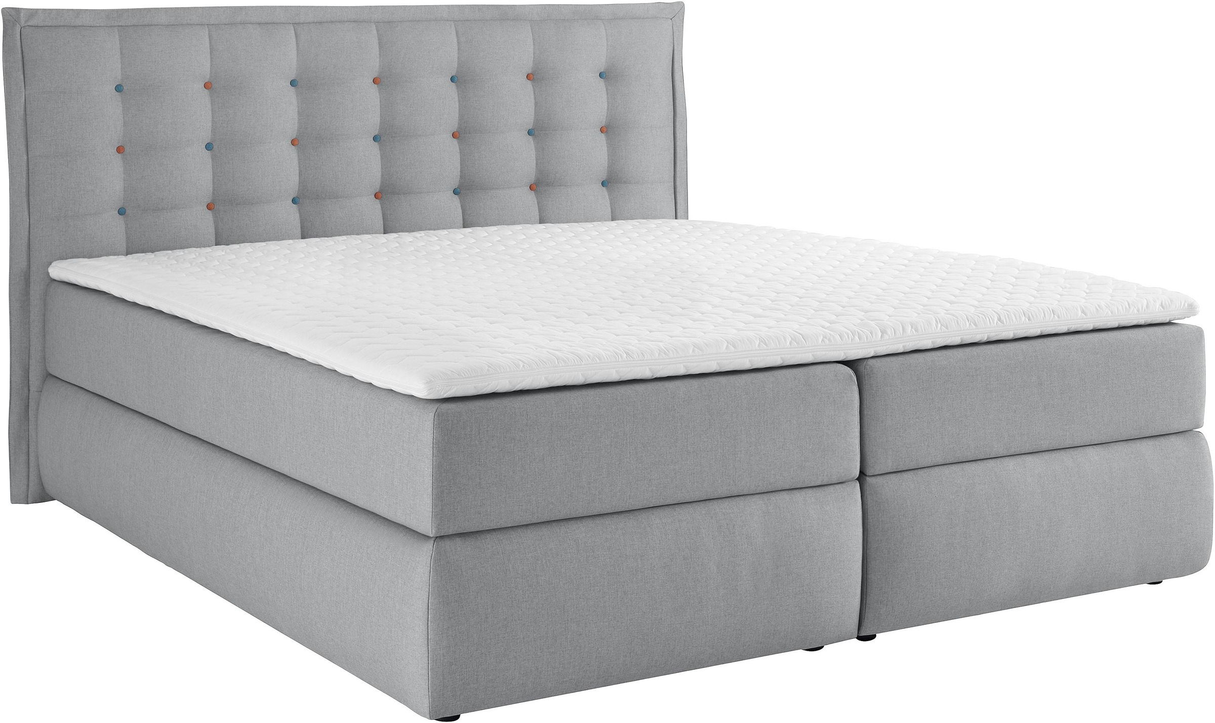Boxspringbett HOME AFFAIRE "Sagres", grau, B:195cm L:210cm, Feinstruktur(100% Polyester);Bezug der Spiegelfläche Matratzendrell aus 100% Polyester, Komplettbetten, Boxspringbett, Kopfteil mit 2farbiger Flatterbiese und zweifarbigen Knöpfen 2