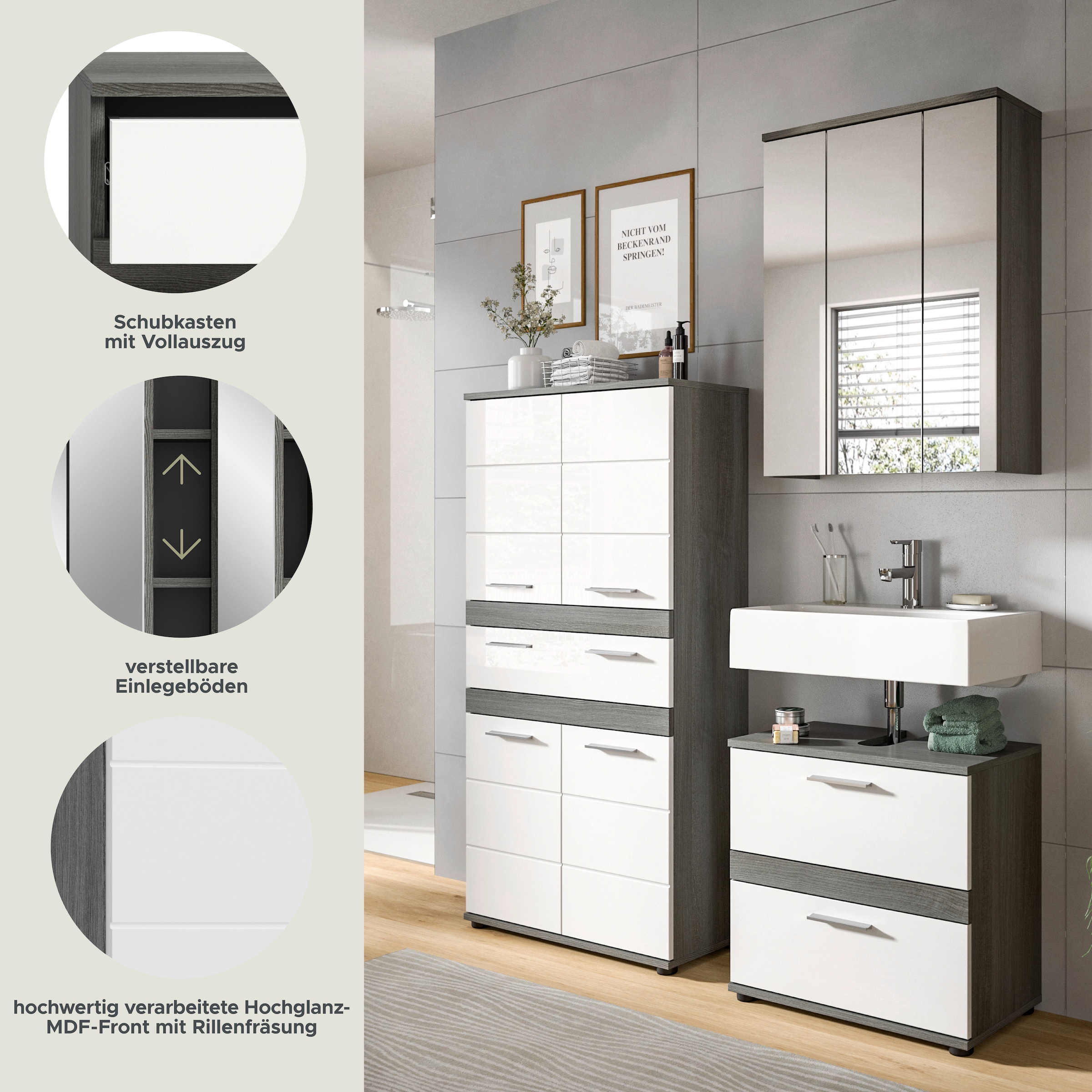 welltime Badmöbel-Set »LUCCA, 3-tlg. Badkombination, viel Stauraum, modernes Design« 3 Stk. tlg.