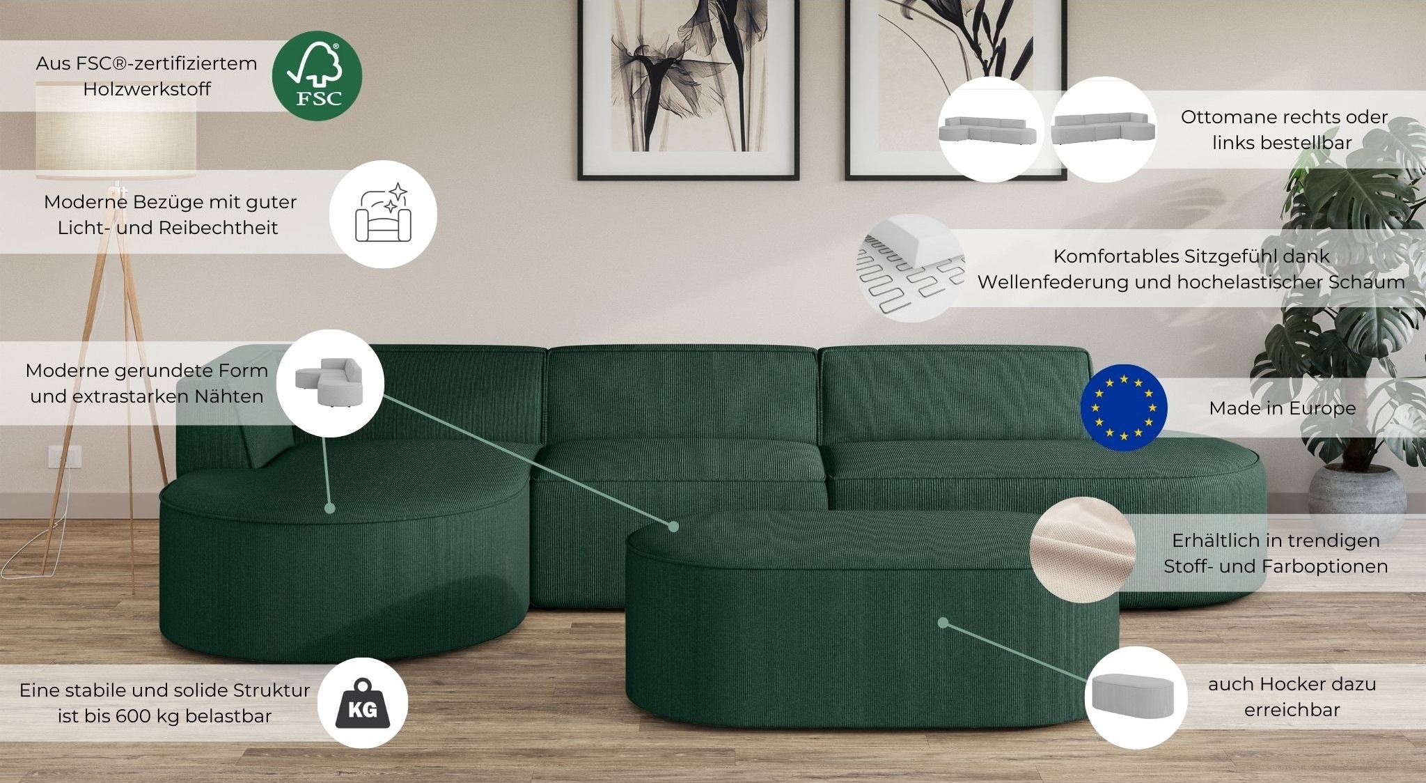 Thumbnail - OTTO home Ecksofa "EIVIND Designer Sofa mit Ottomane rechts/links, B/T/H: 343/159/72 cm" L-Form mit Wellenunterfederung,...