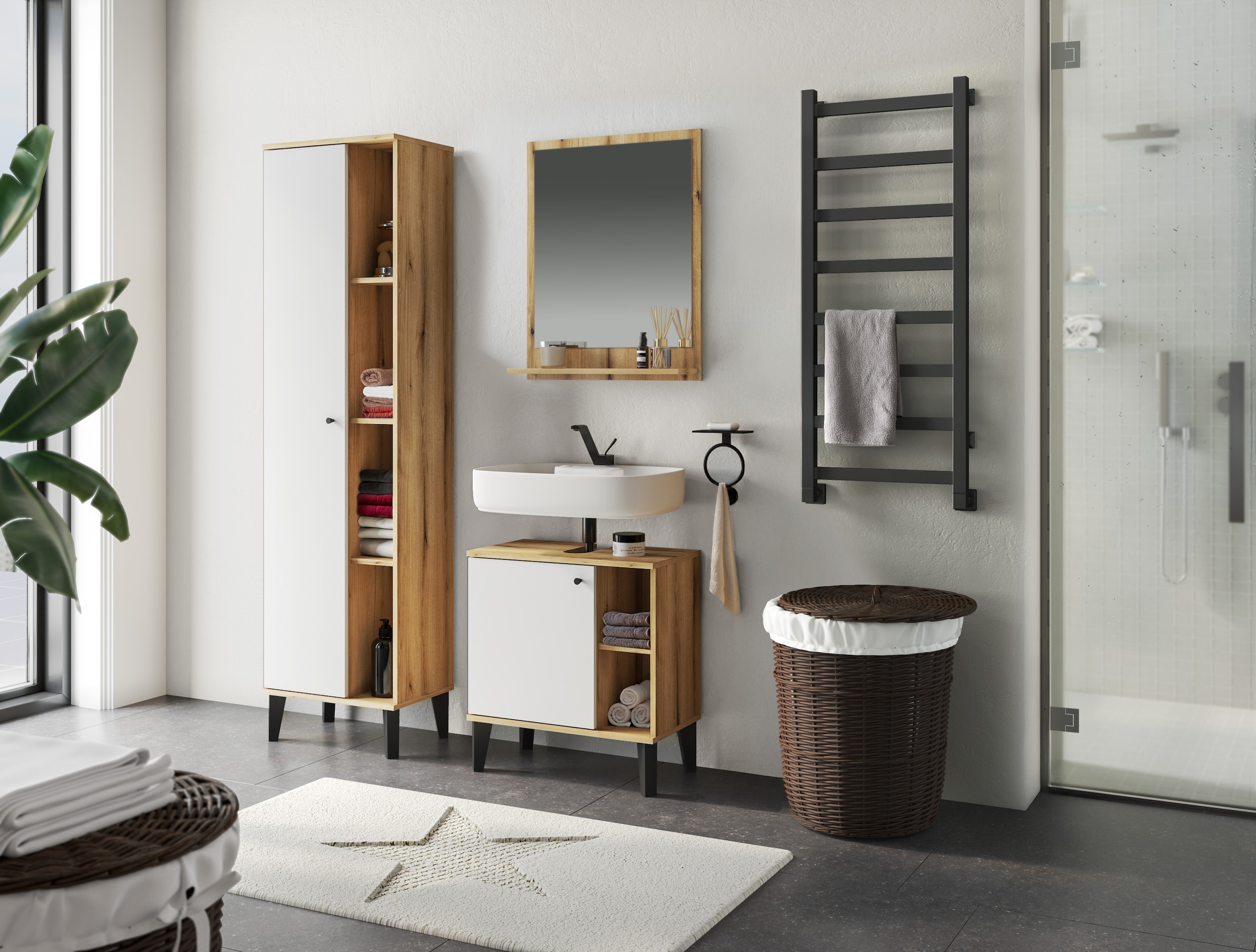 INOSIGN Badmöbel-Set »OSLO, Bad im skandinavischen Design«, (Set, 3 St.), Badschränke und Spiegel, in zwei Farben verfügbar, viel Stauraum